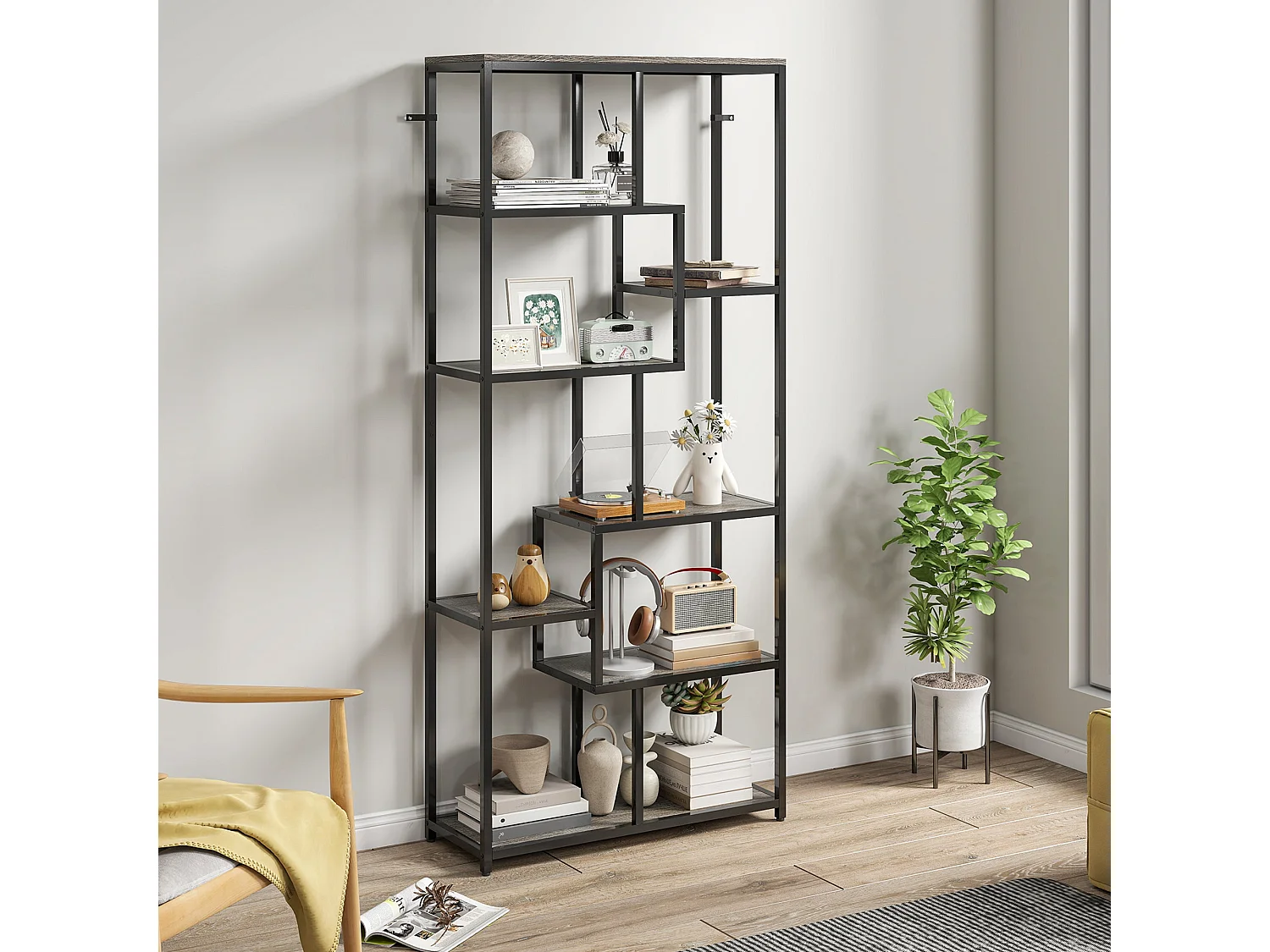 Sudina 7 Tier Geometric Metal and Wood Display Bookcase Grey and Black