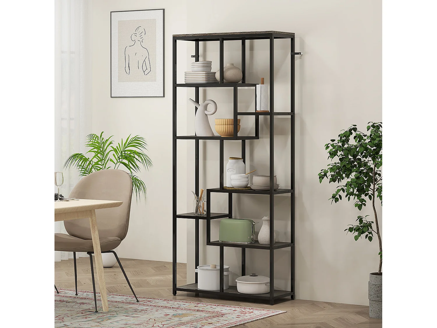 Sudina 7 Tier Geometric Metal and Wood Display Bookcase Grey and Black