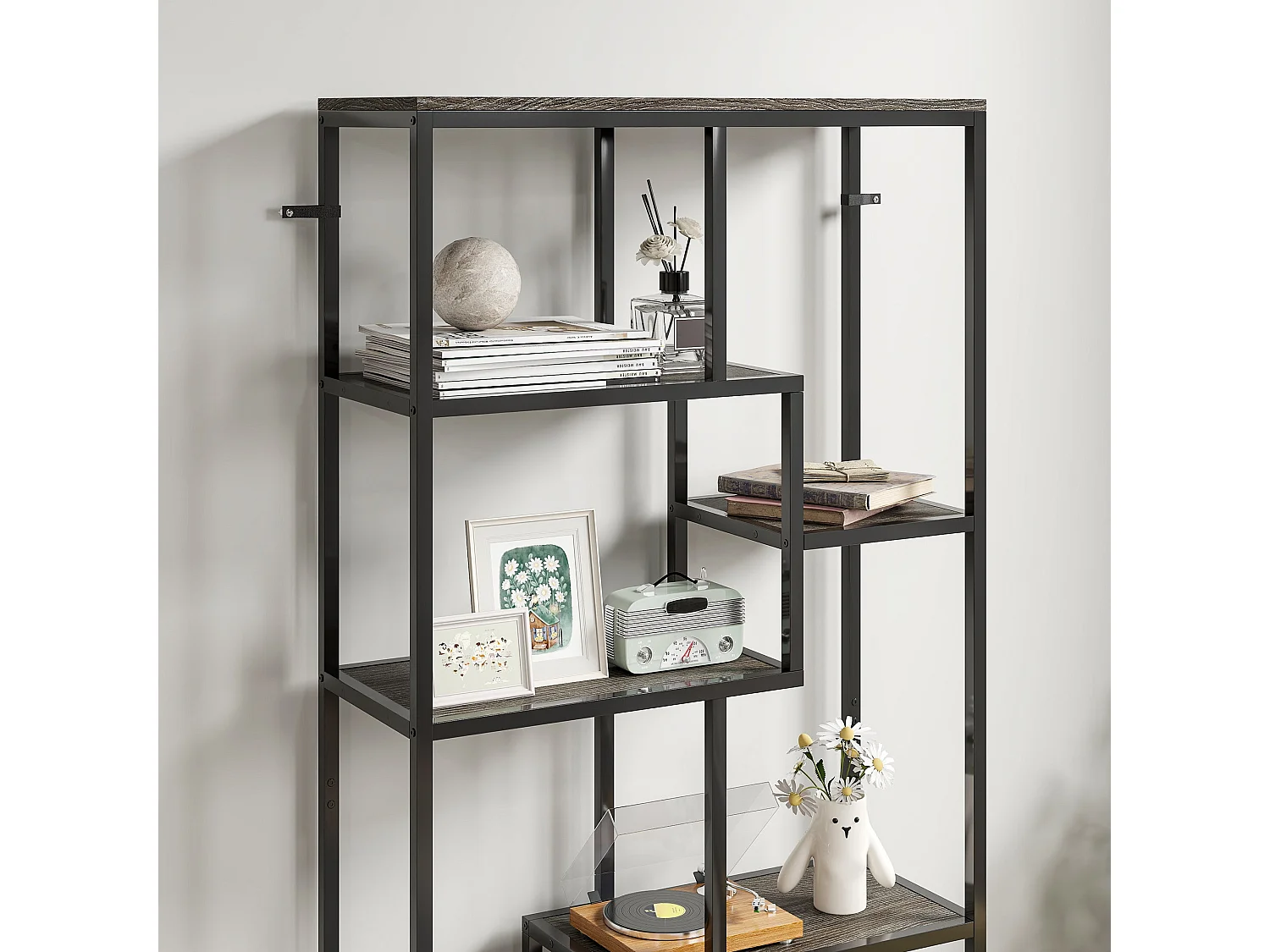 Sudina 7 Tier Geometric Metal and Wood Display Bookcase Grey and Black