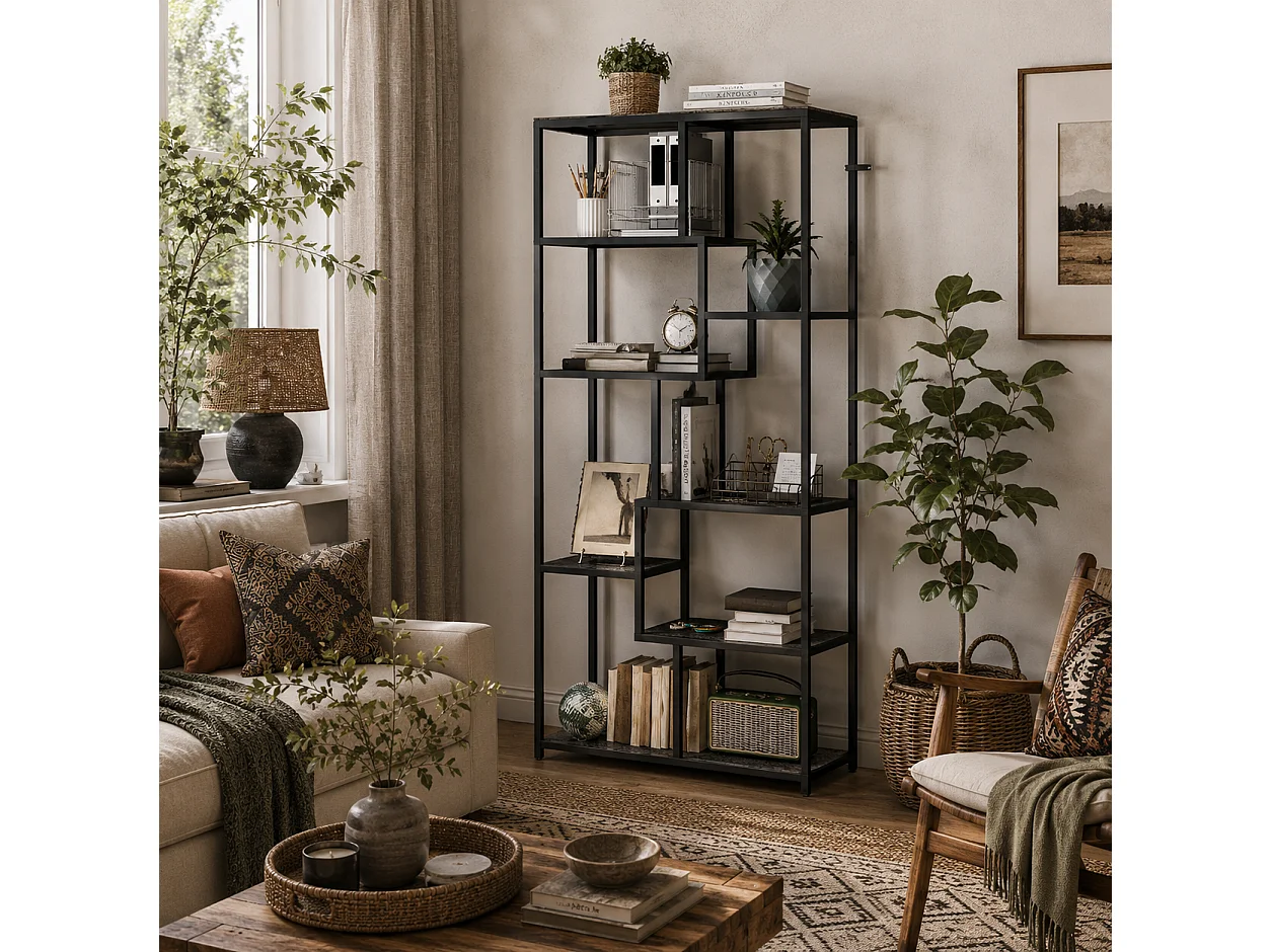 Sudina 7 Tier Geometric Metal and Wood Display Bookcase Grey and Black