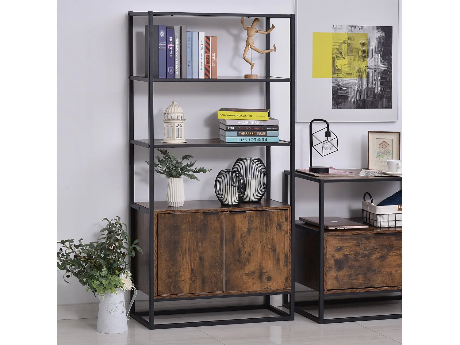 Tave Industrial Metal and Wood effect Bookcase Rustic Brown and Black Large