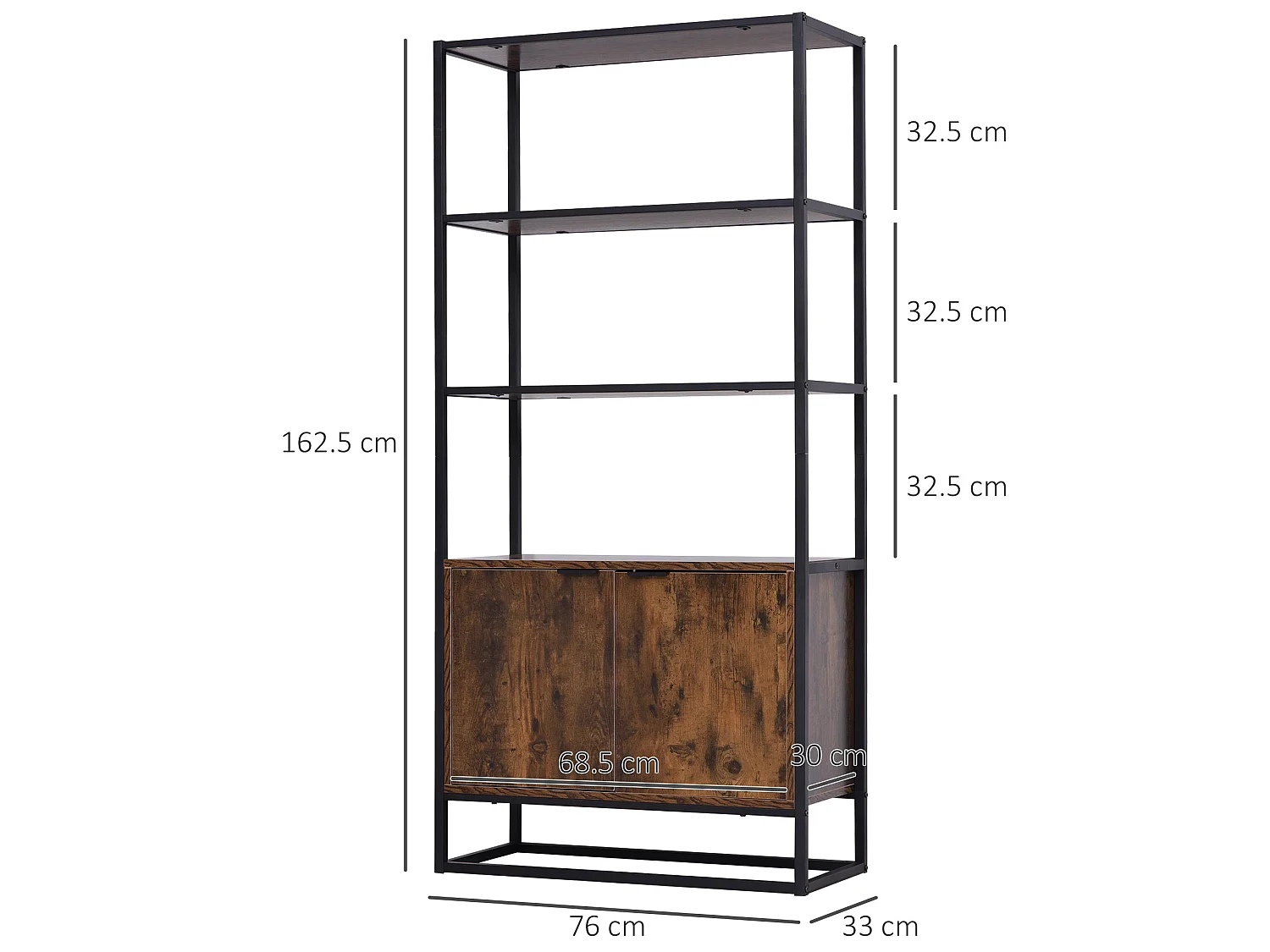 Tave Industrial Metal and Wood effect Bookcase Rustic Brown and Black Large