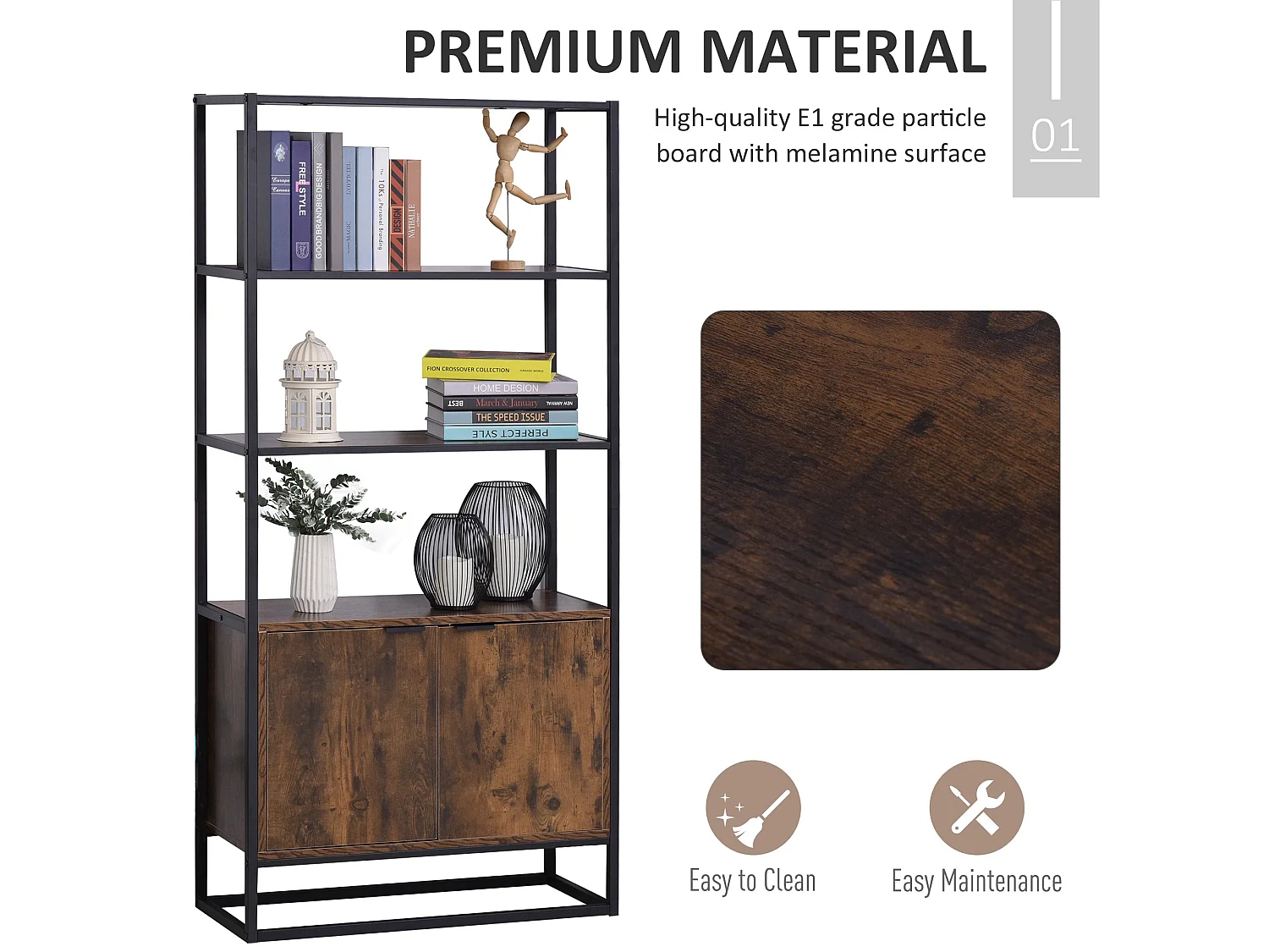 Tave Industrial Metal and Wood effect Bookcase Rustic Brown and Black Large