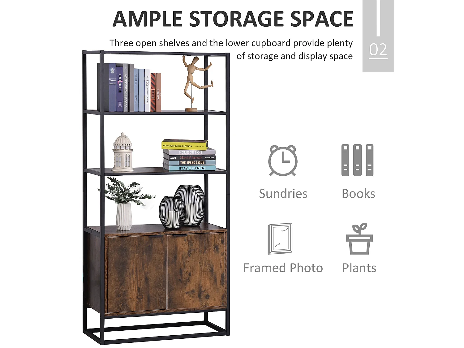 Tave Industrial Metal and Wood effect Bookcase Rustic Brown and Black Large