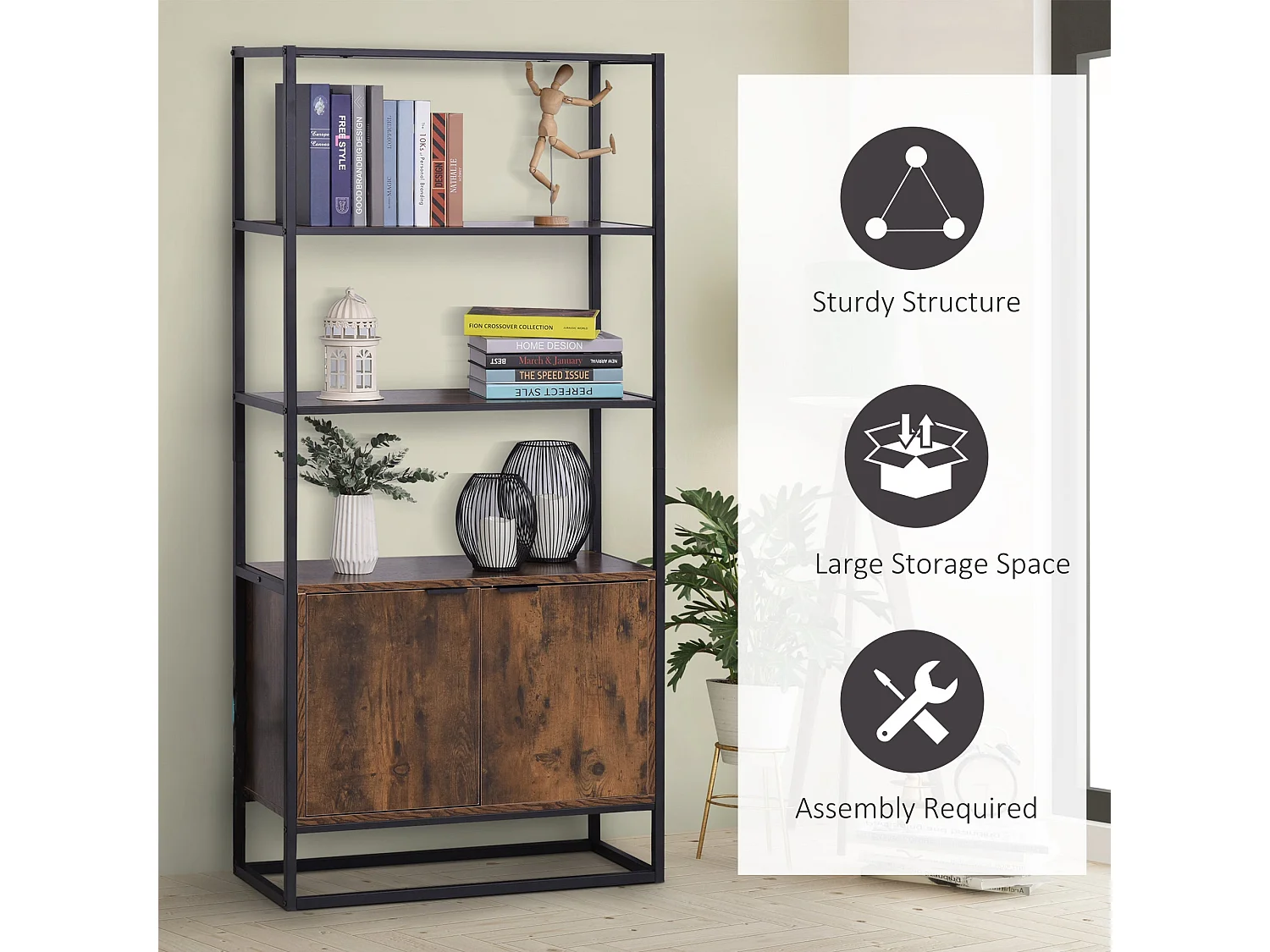 Tave Industrial Metal and Wood effect Bookcase Rustic Brown and Black Large