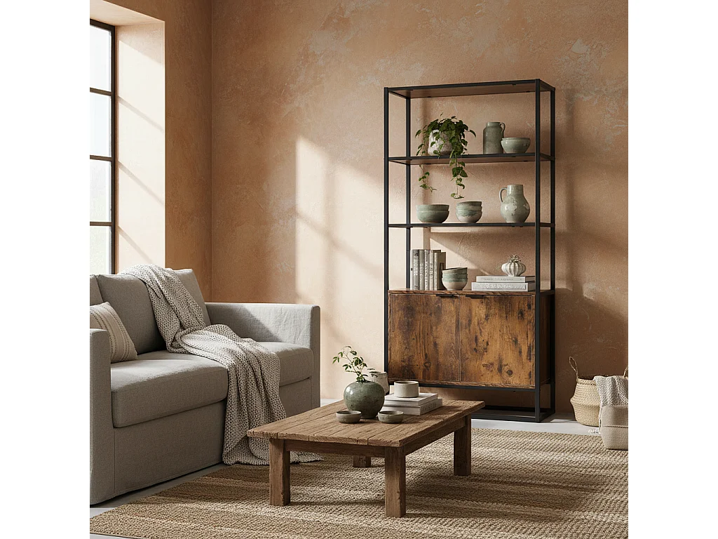 Tave Industrial Metal and Wood effect Bookcase Rustic Brown and Black Large