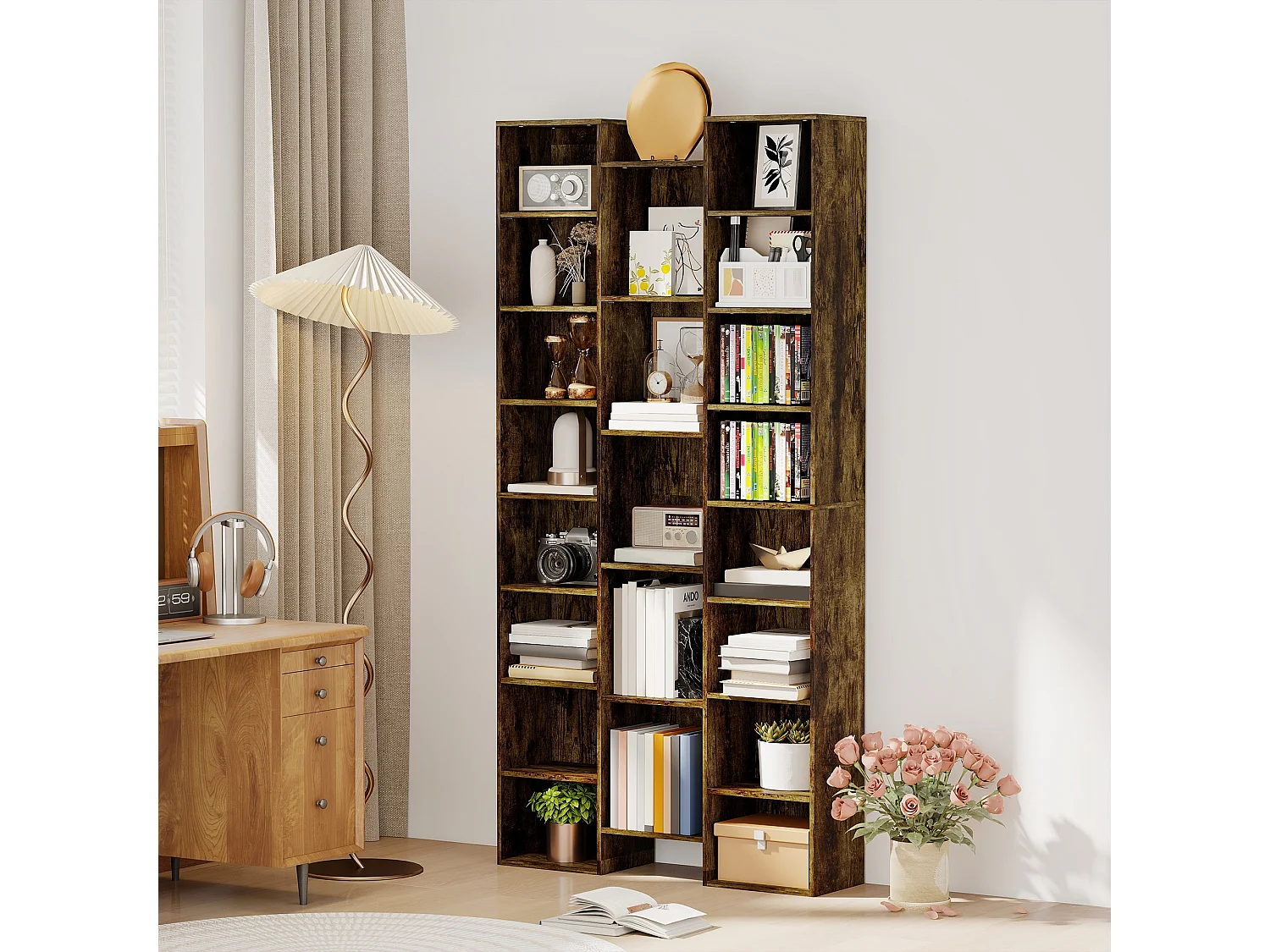 Elmaso Rustic Brown 21 Compartment Tall Bookcase