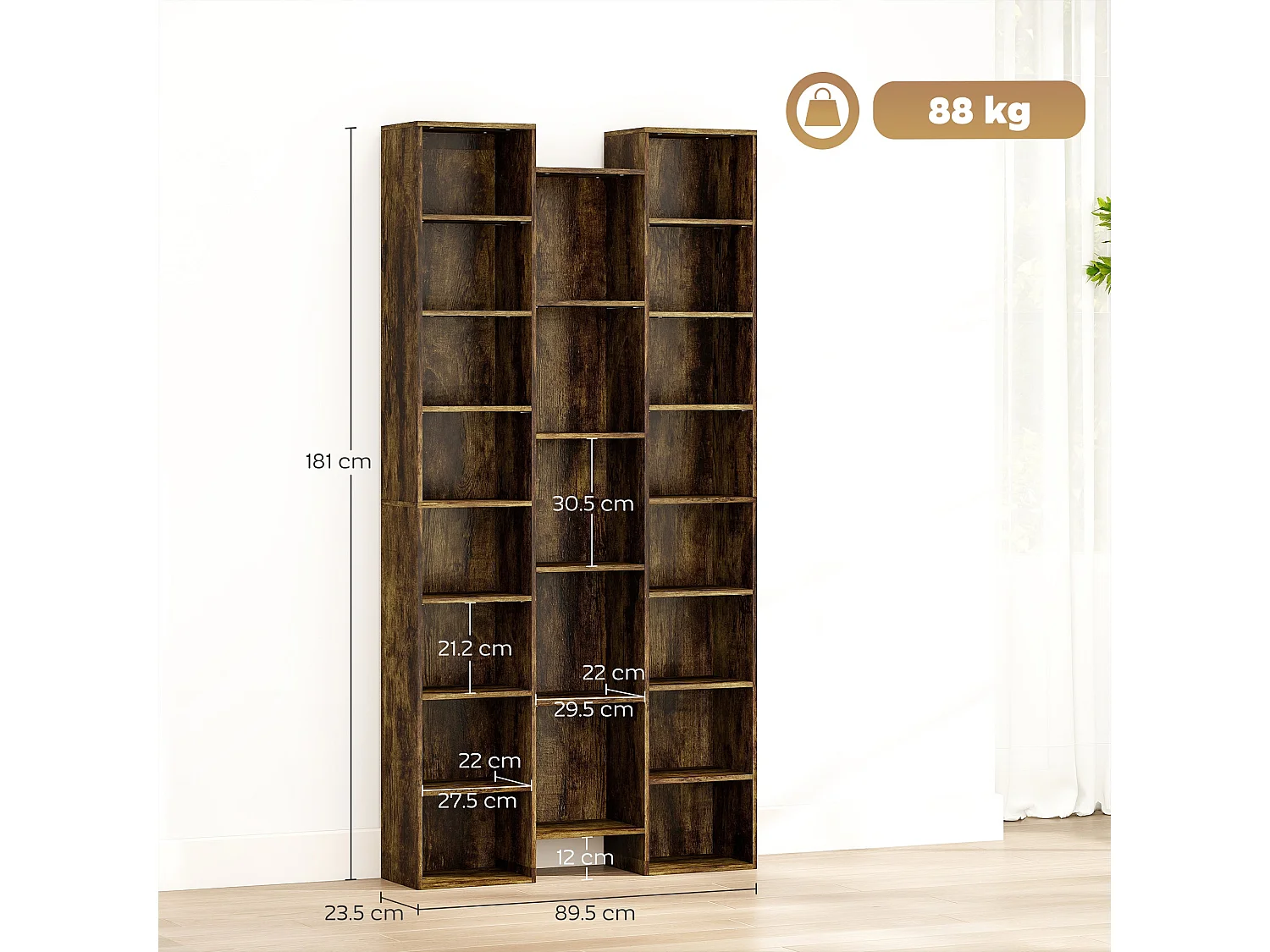 Elmaso Rustic Brown 21 Compartment Tall Bookcase