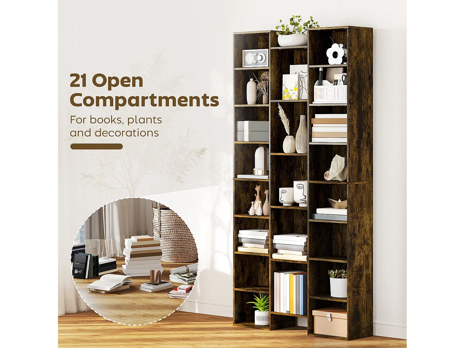 Elmaso Rustic Brown 21 Compartment Tall Bookcase
