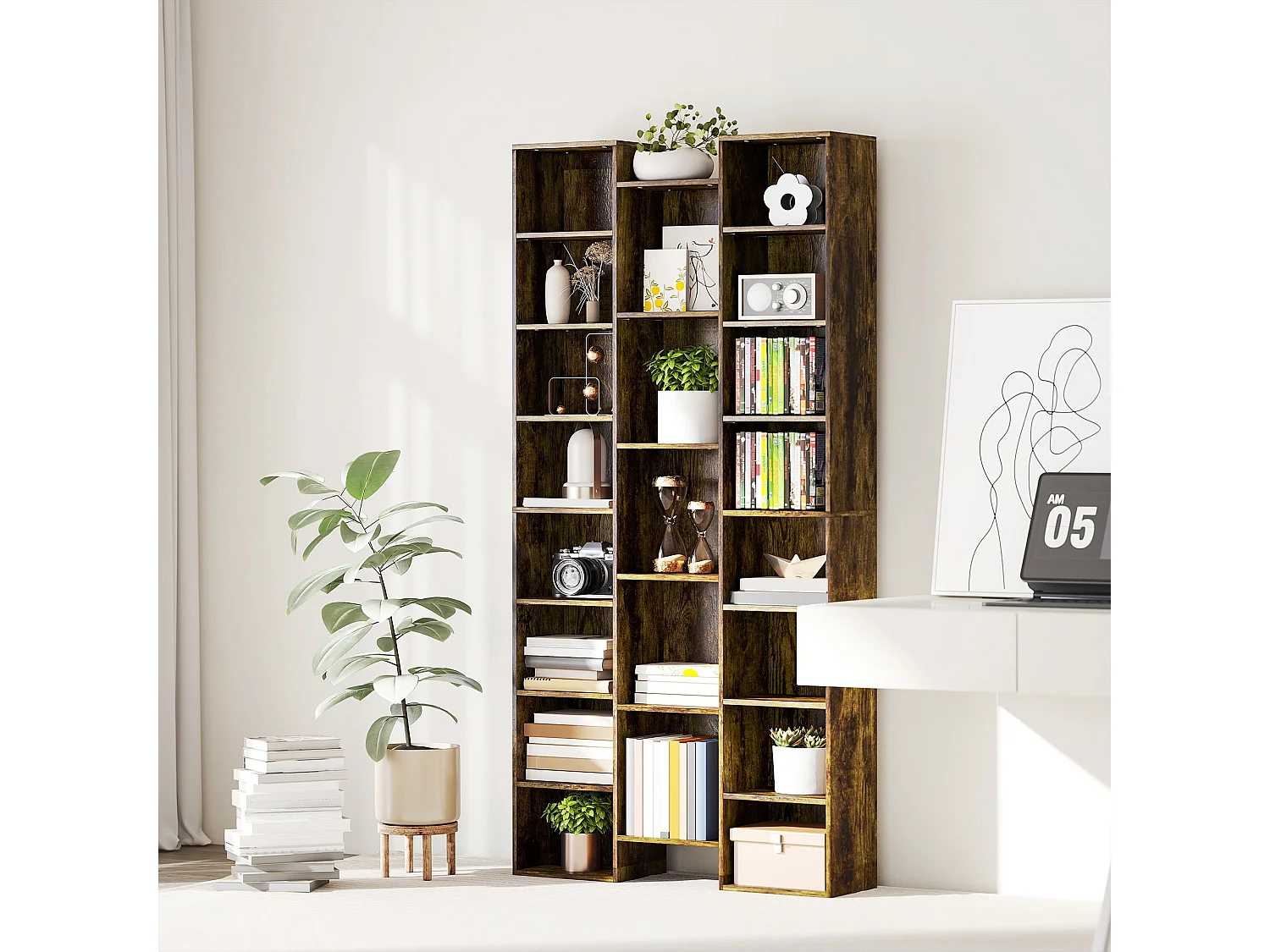 Elmaso Rustic Brown 21 Compartment Tall Bookcase
