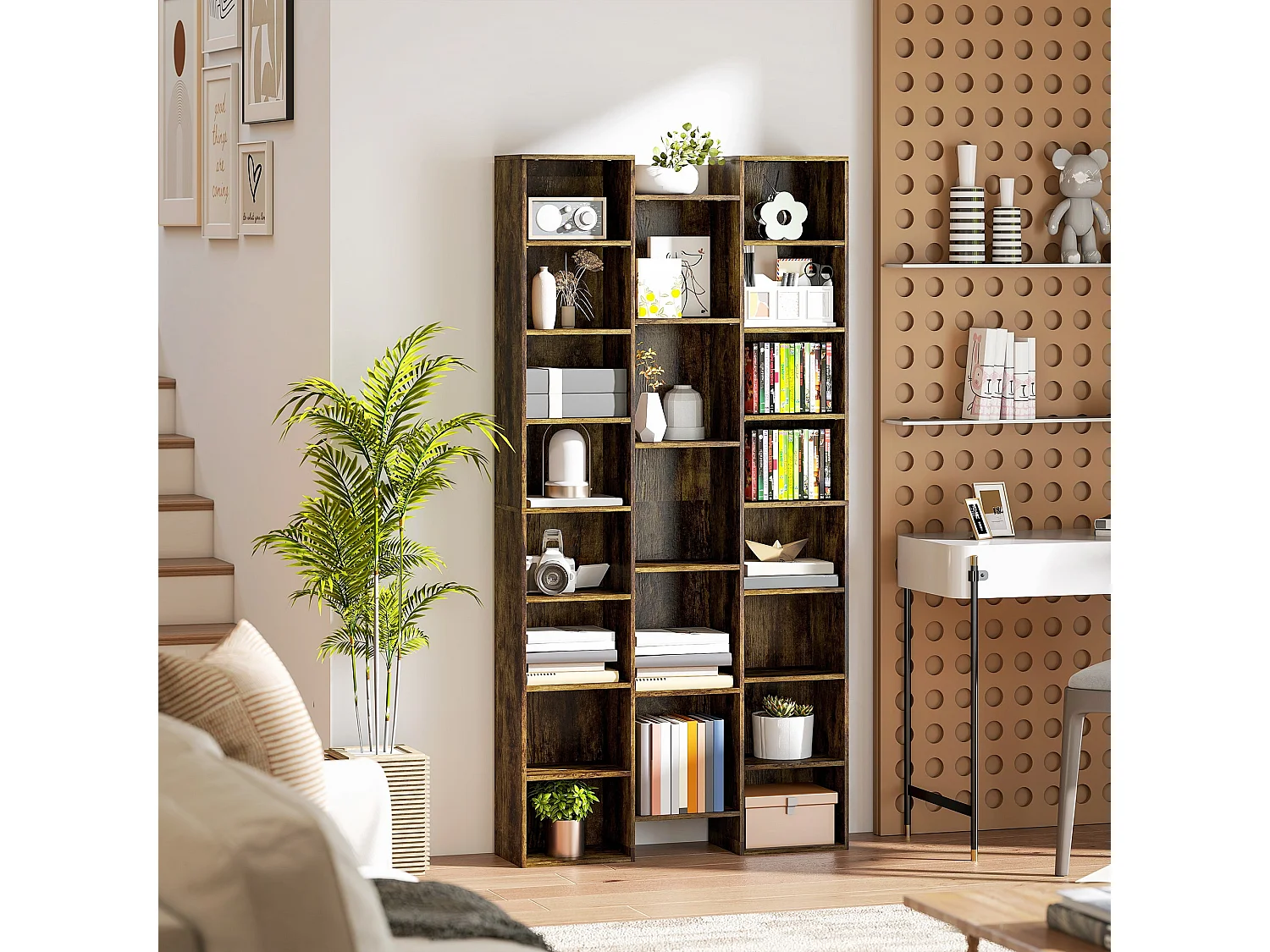 Elmaso Rustic Brown 21 Compartment Tall Bookcase