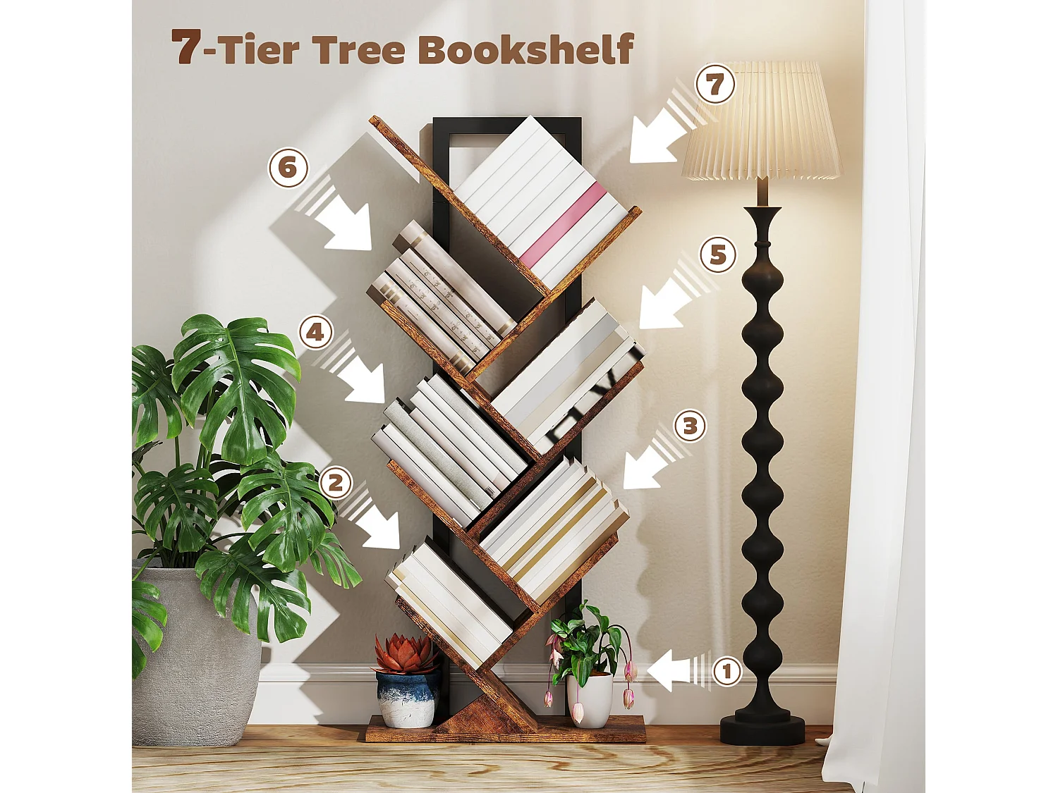 Modo Wood Effect 6 Section Tree Bookcase 50W x 24D x 109Hcm