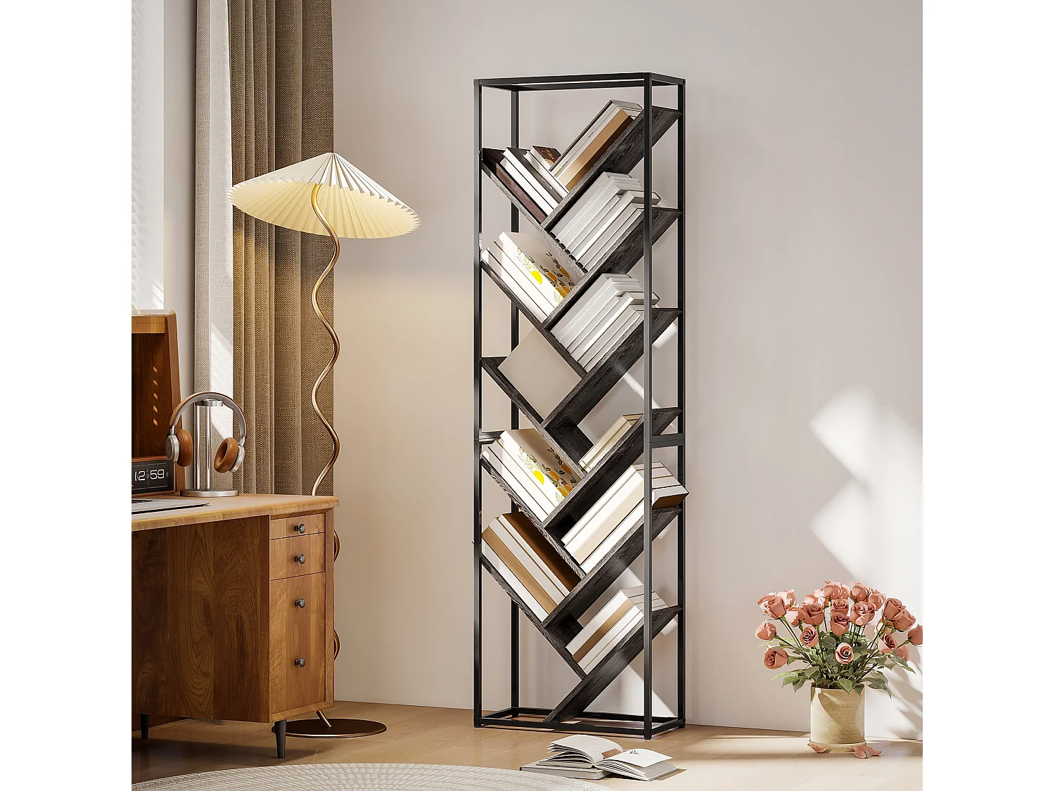 Coco Rine 10 Tier Industrial Bookcase Black Frame Grey MDF Shelves