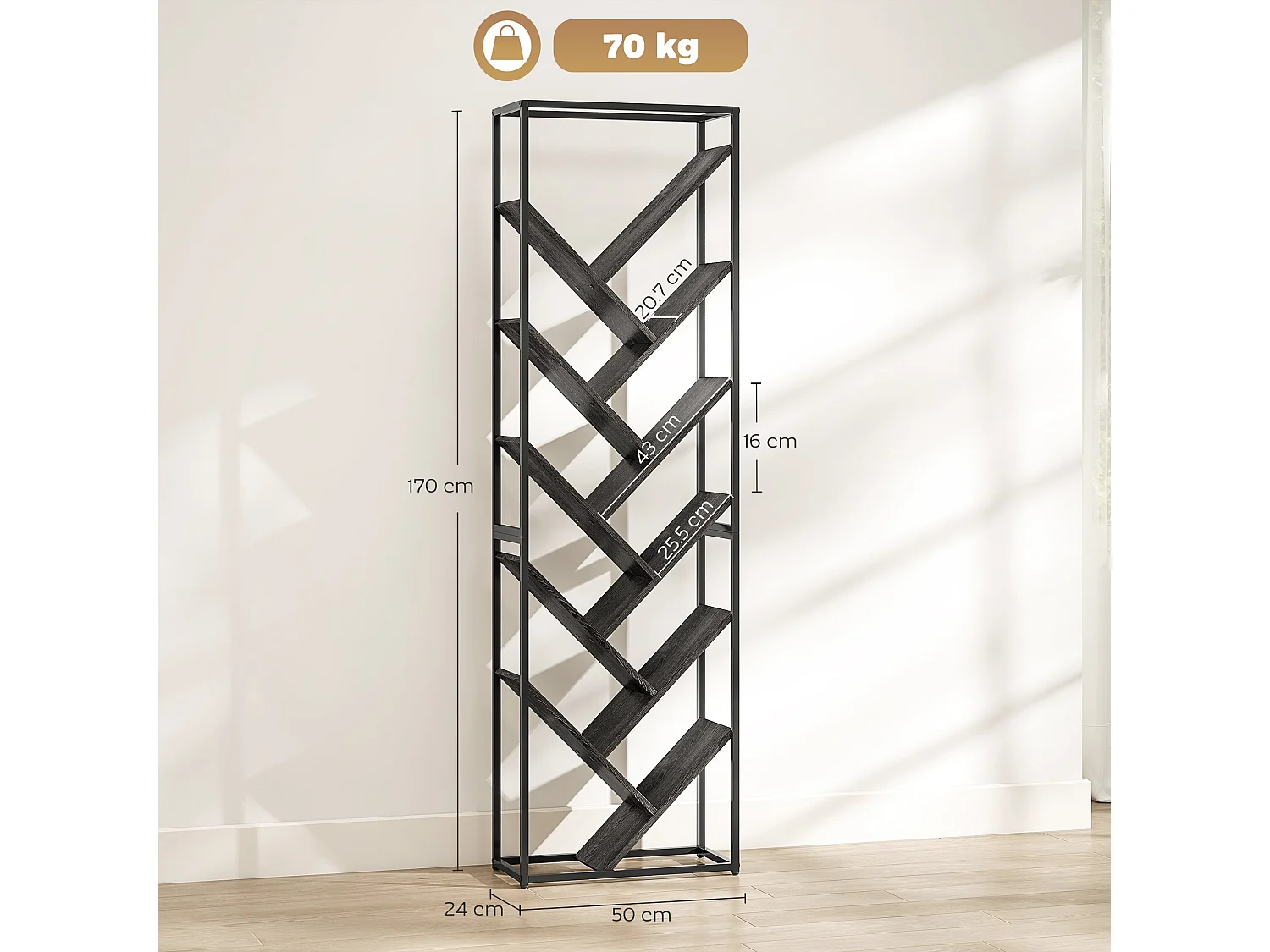 Coco Rine 10 Tier Industrial Bookcase Black Frame Grey MDF Shelves