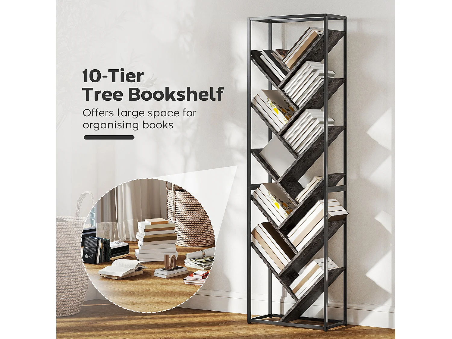 Coco Rine 10 Tier Industrial Bookcase Black Frame Grey MDF Shelves