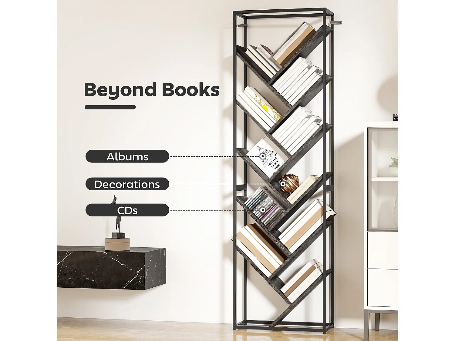 Coco Rine 10 Tier Industrial Bookcase Black Frame Grey MDF Shelves