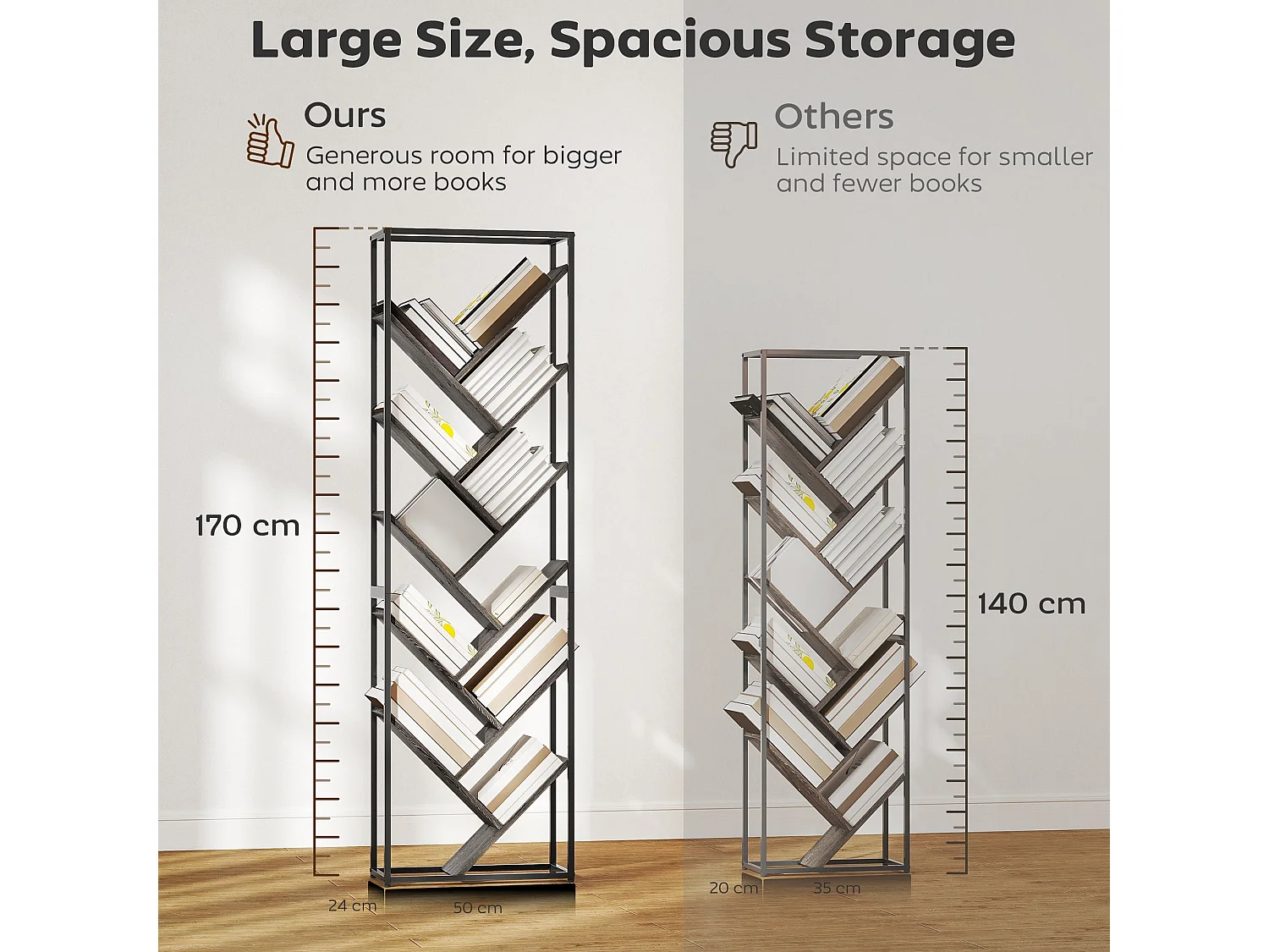 Coco Rine 10 Tier Industrial Bookcase Black Frame Grey MDF Shelves