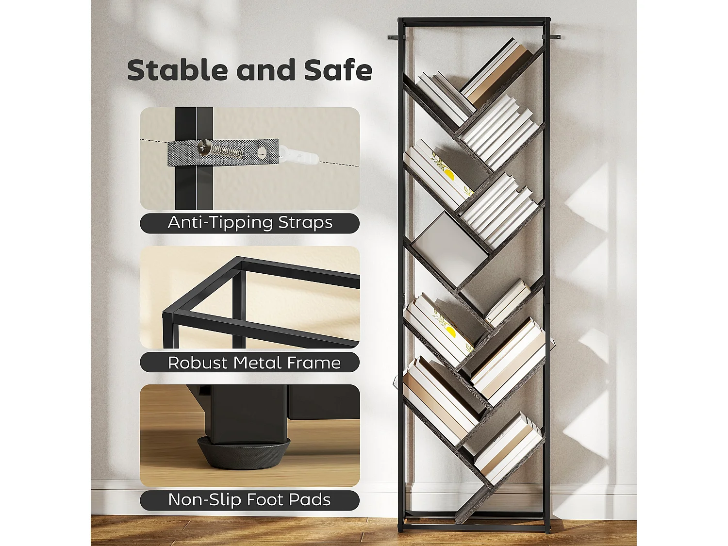 Coco Rine 10 Tier Industrial Bookcase Black Frame Grey MDF Shelves