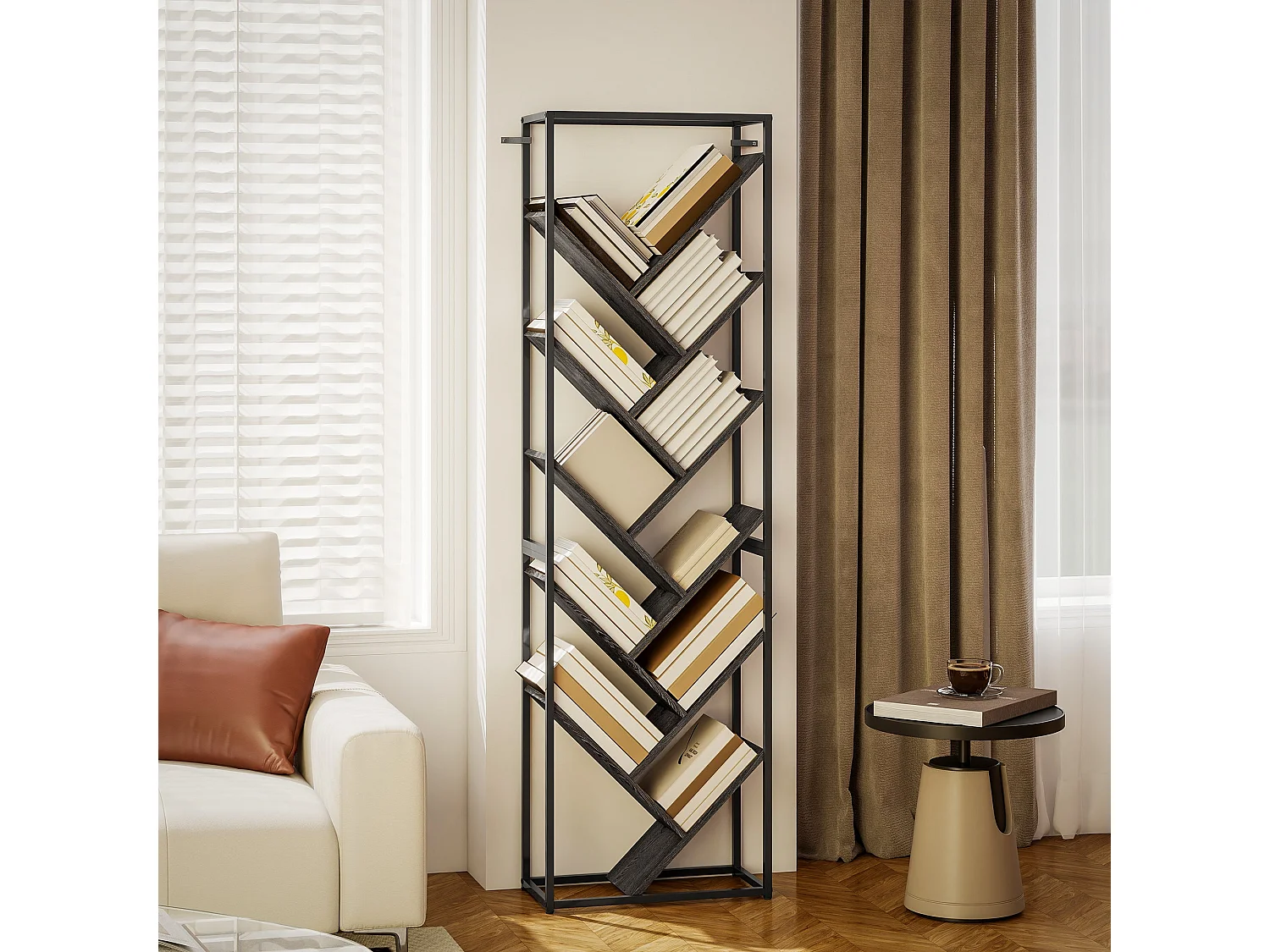 Coco Rine 10 Tier Industrial Bookcase Black Frame Grey MDF Shelves