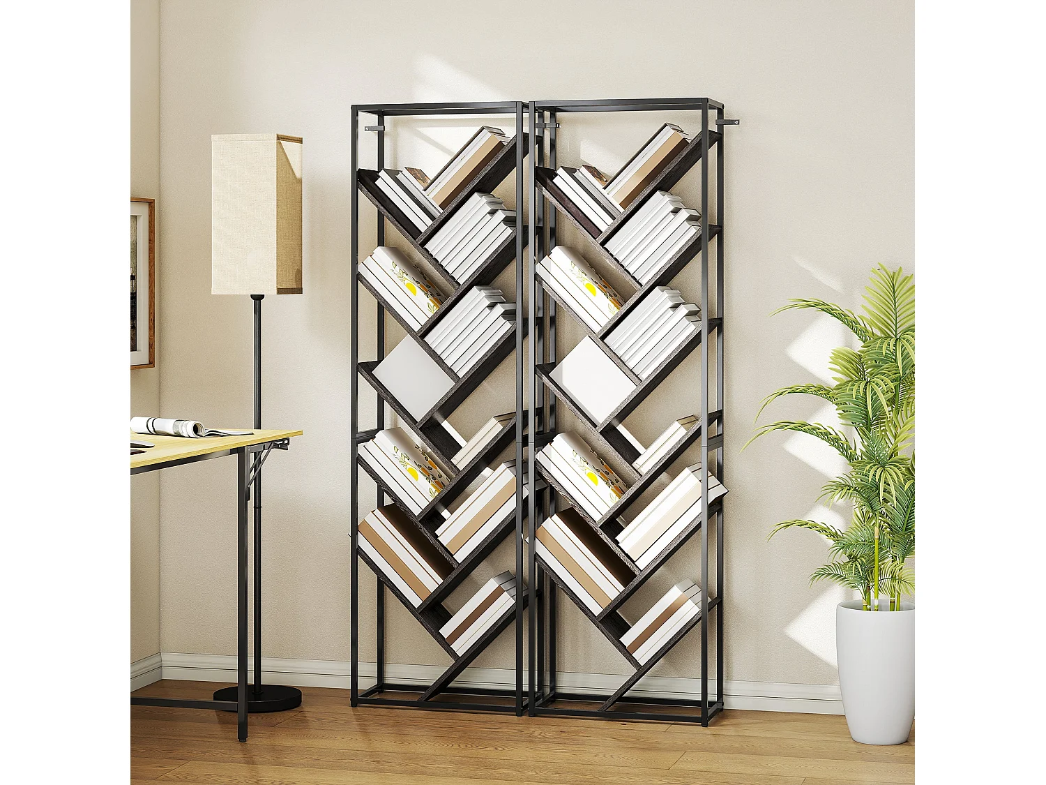 Coco Rine 10 Tier Industrial Bookcase Black Frame Grey MDF Shelves