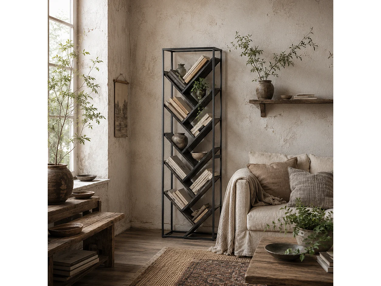 Coco Rine 10 Tier Industrial Bookcase Black Frame Grey MDF Shelves