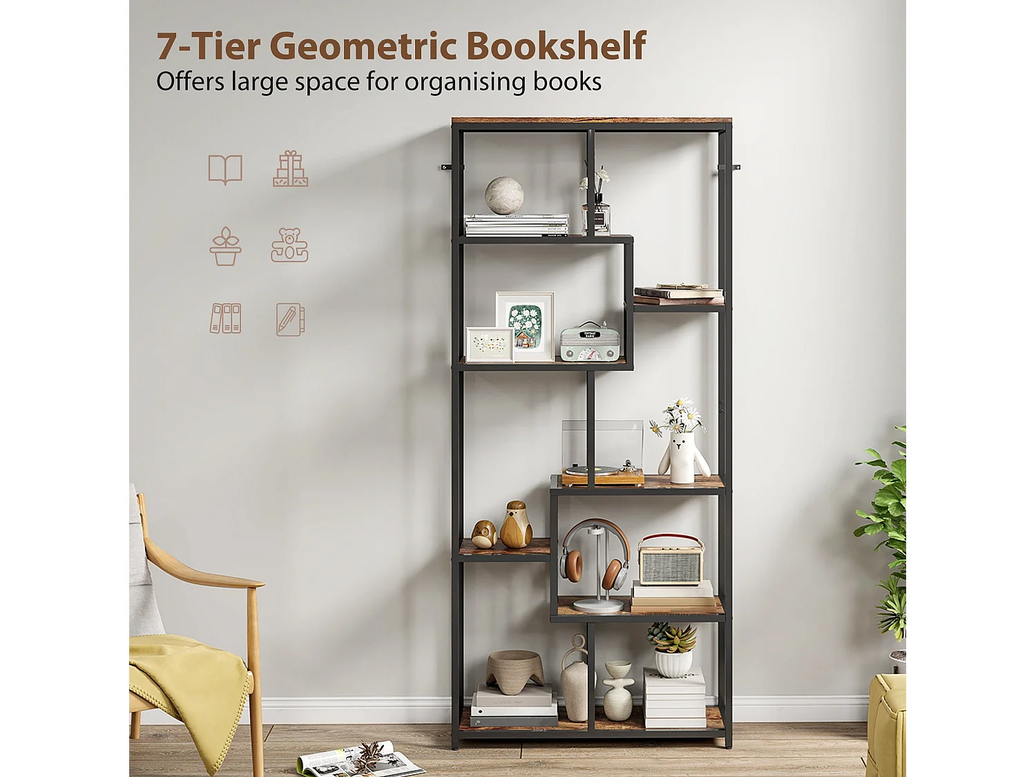 Lulomi 7 Tier Wood and Metal Geometric Display Bookcase Rustic Brown and Black