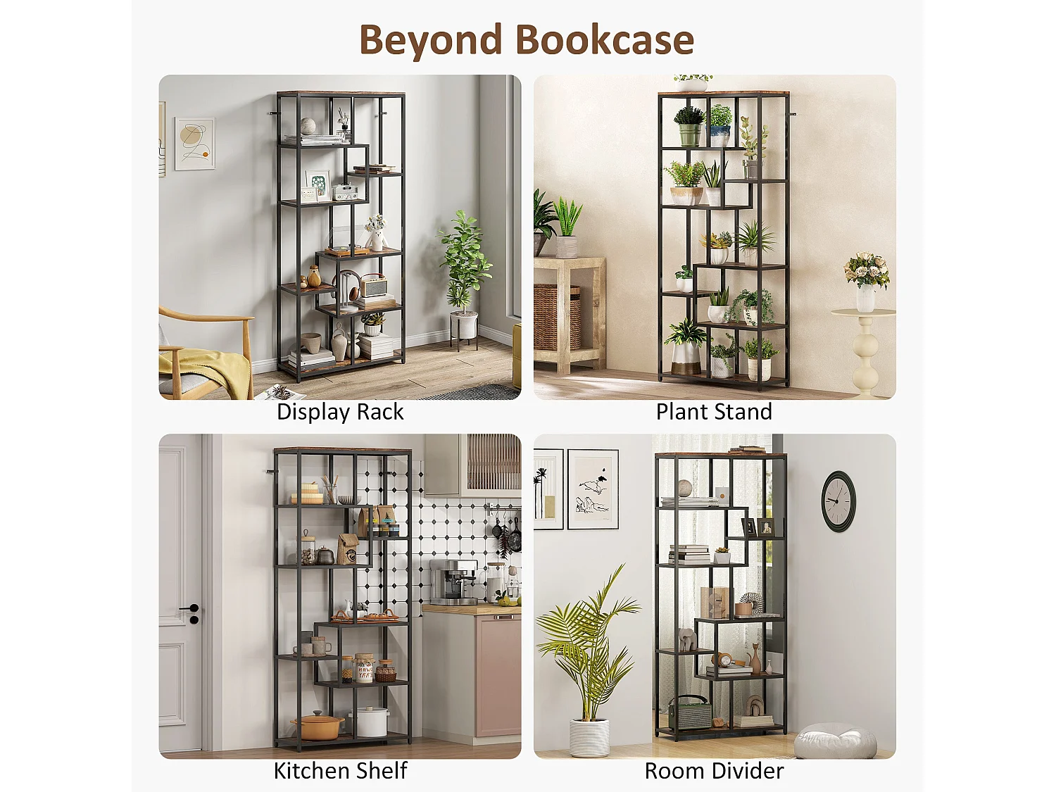 Lulomi 7 Tier Wood and Metal Geometric Display Bookcase Rustic Brown and Black