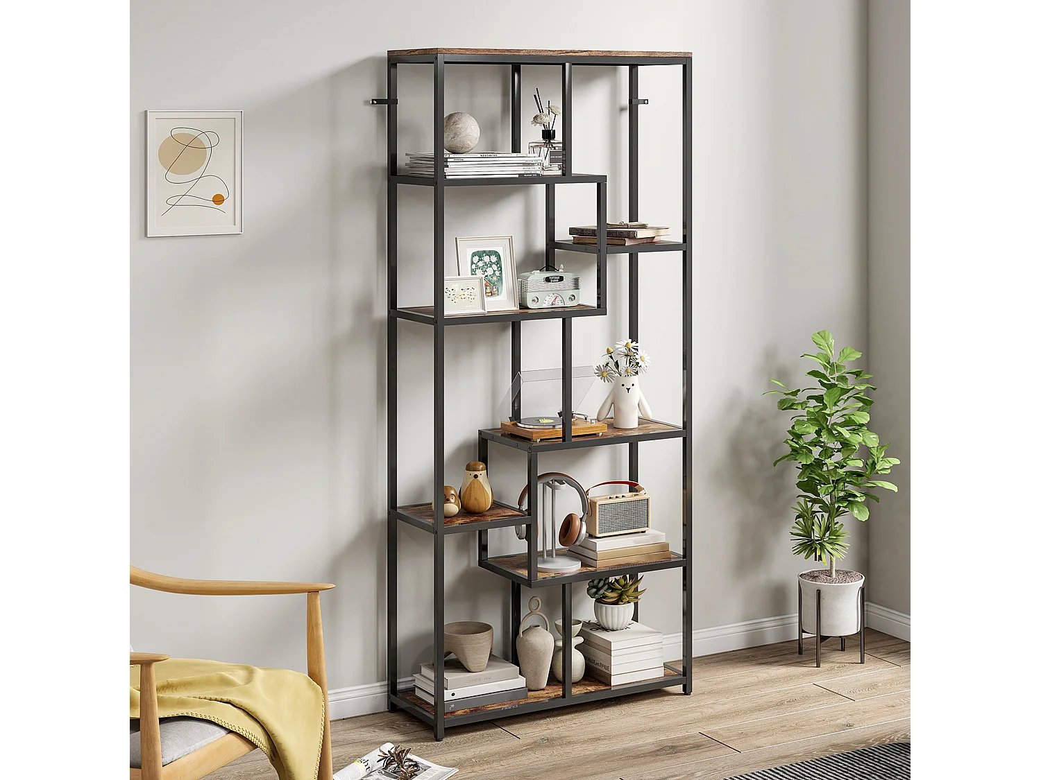 Lulomi 7 Tier Wood and Metal Geometric Display Bookcase Rustic Brown and Black