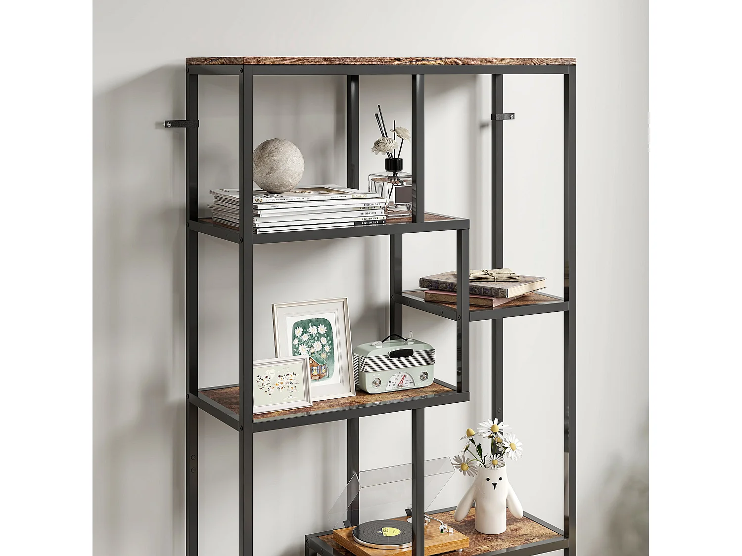 Lulomi 7 Tier Wood and Metal Geometric Display Bookcase Rustic Brown and Black