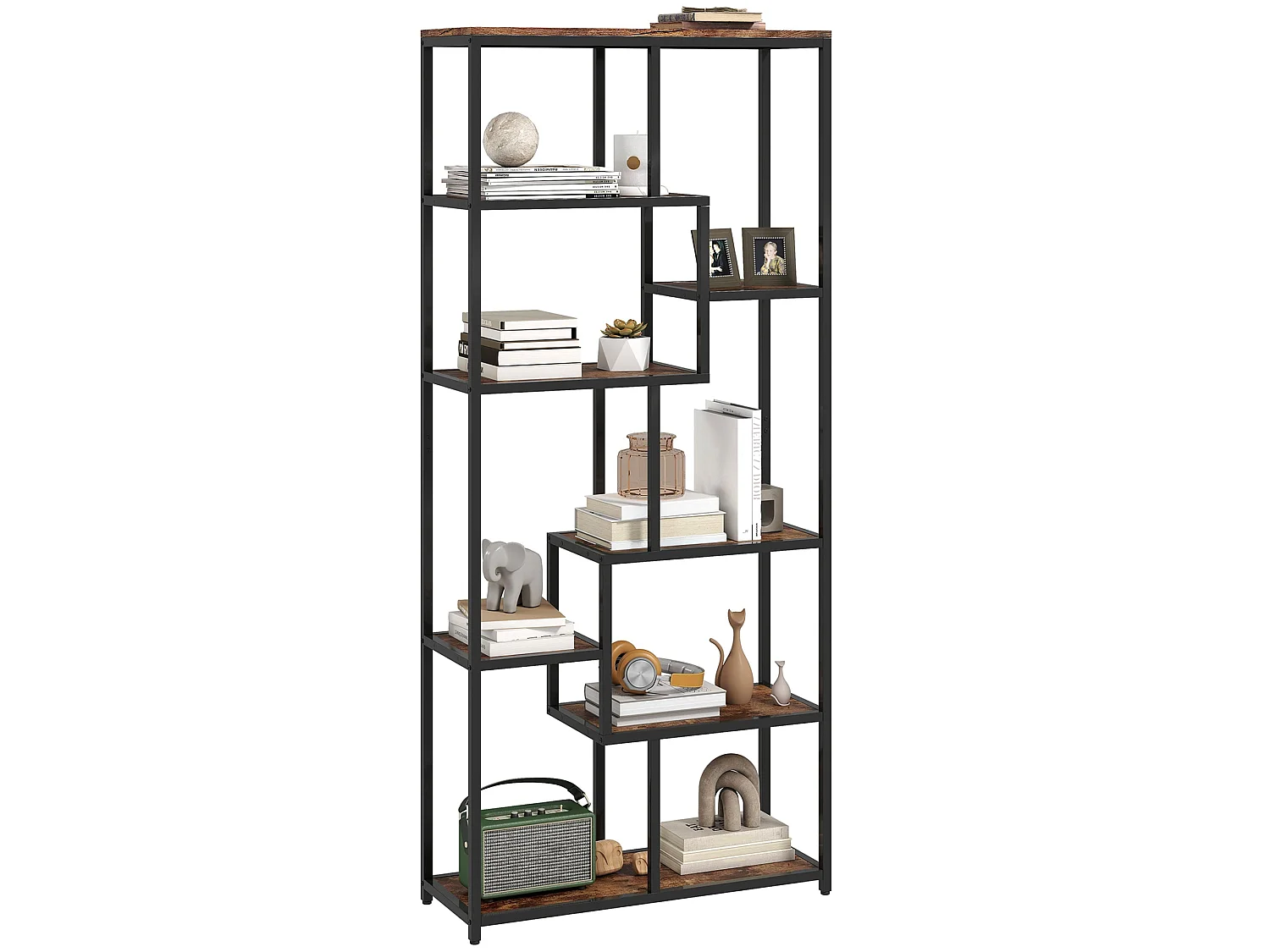 Lulomi 7 Tier Wood and Metal Geometric Display Bookcase Rustic Brown and Black