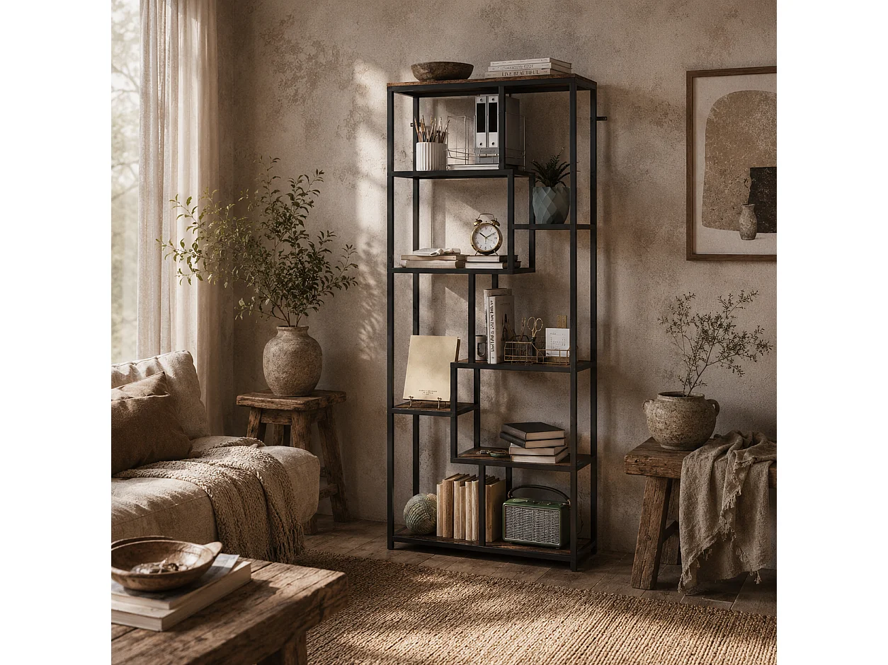 Lulomi 7 Tier Wood and Metal Geometric Display Bookcase Rustic Brown and Black