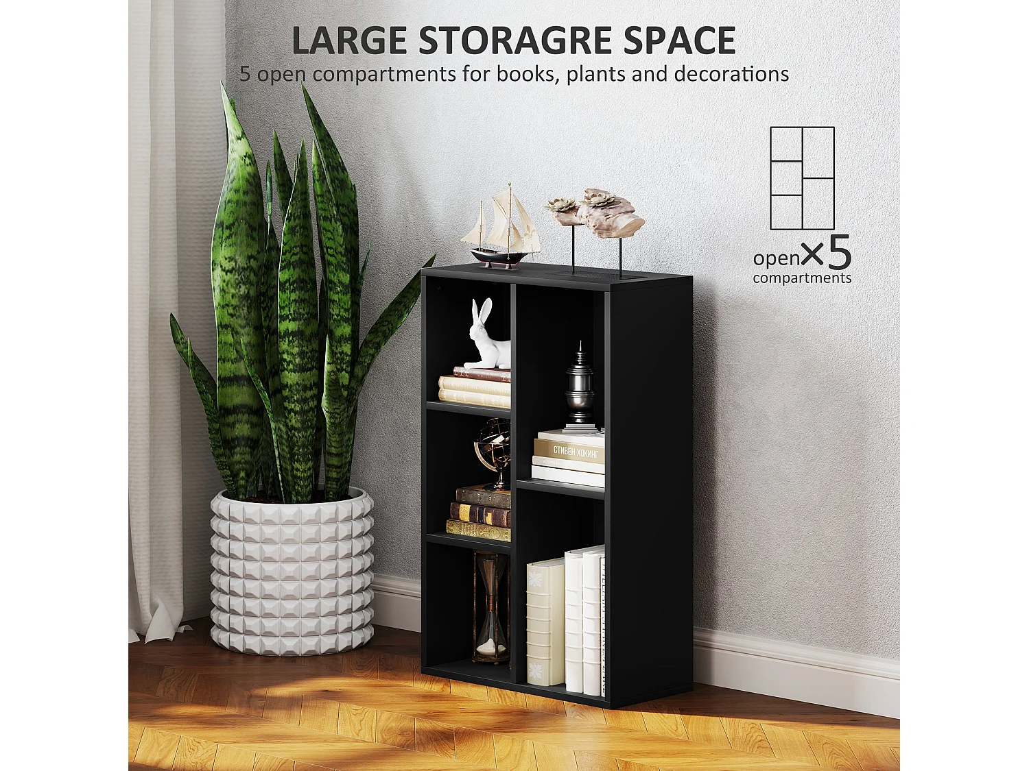 Vakeri Black 2 Tier Bookcase 5 Open Storage Compartments