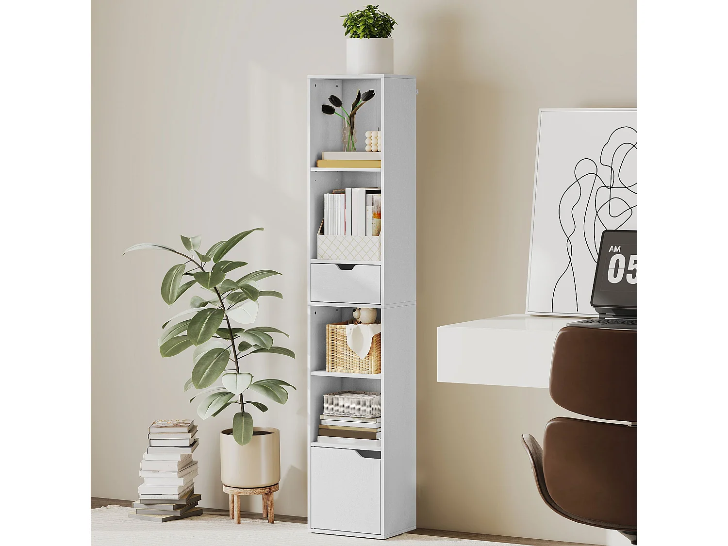 Kesura White Narrow 6 Tier Tall Bookcase with Drawer and Door