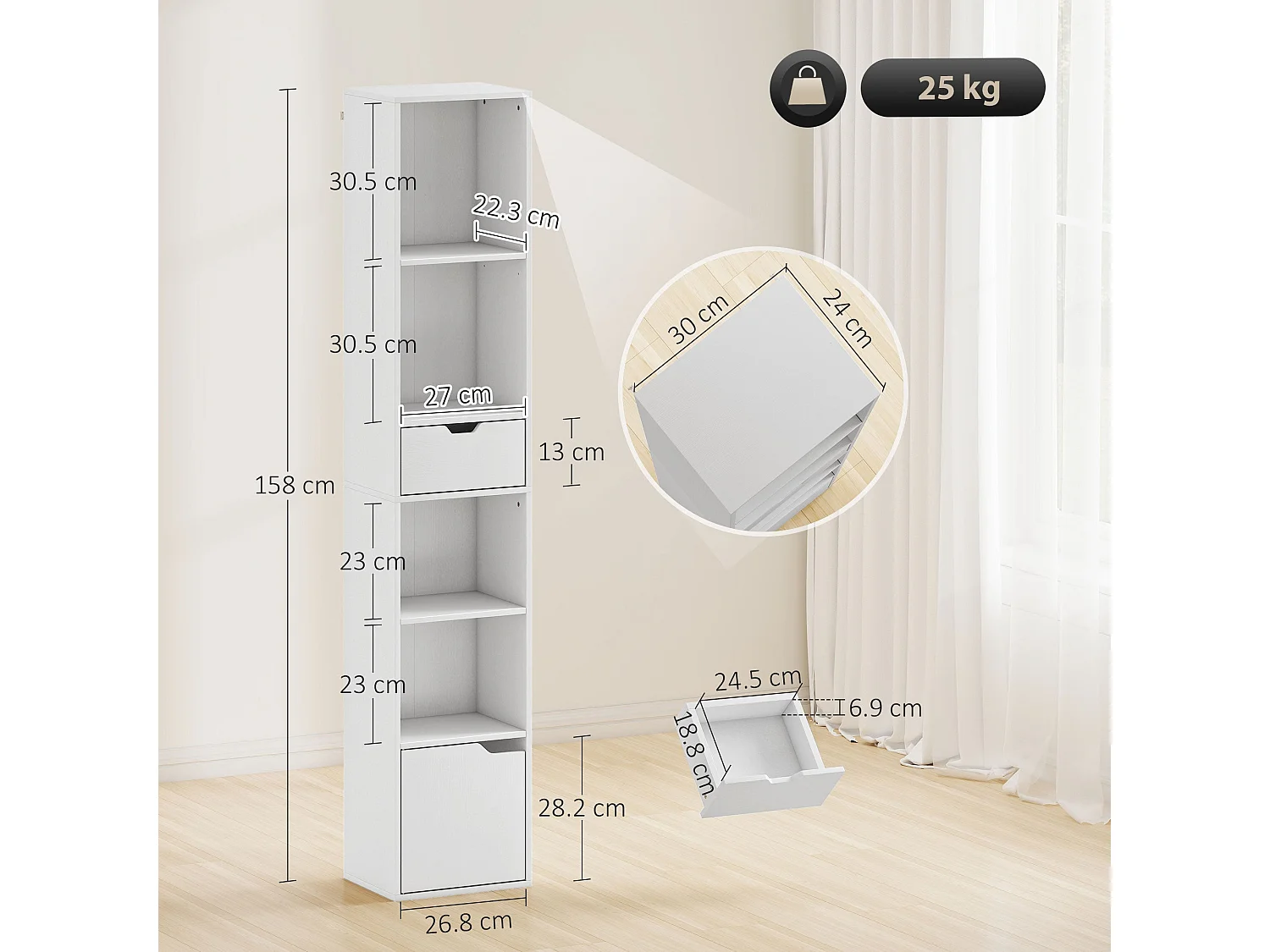 Kesura White Narrow 6 Tier Tall Bookcase with Drawer and Door