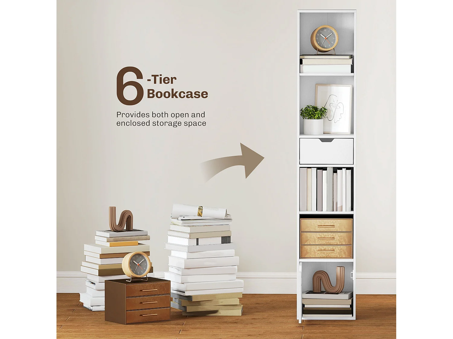 Kesura White Narrow 6 Tier Tall Bookcase with Drawer and Door