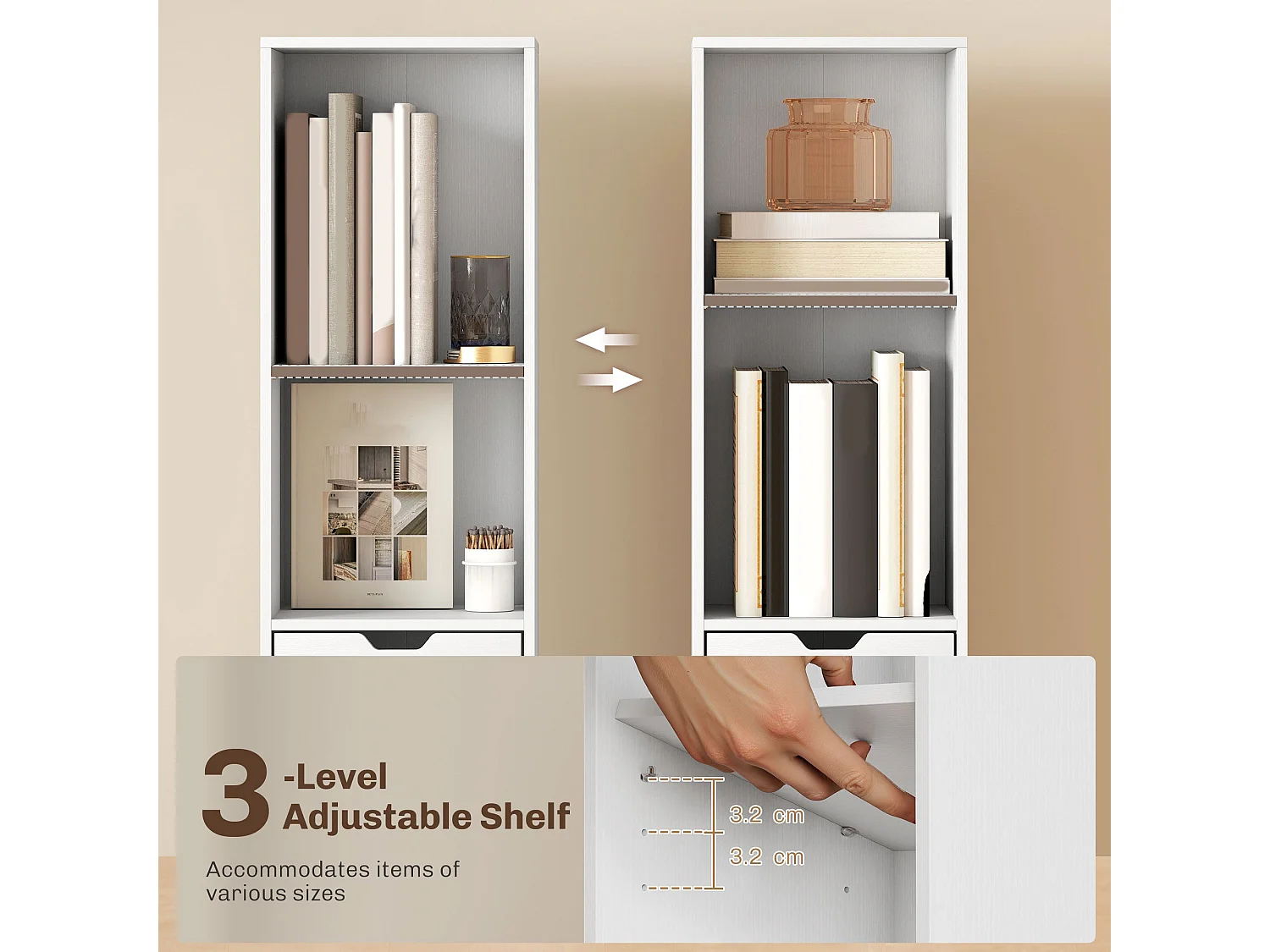 Kesura White Narrow 6 Tier Tall Bookcase with Drawer and Door