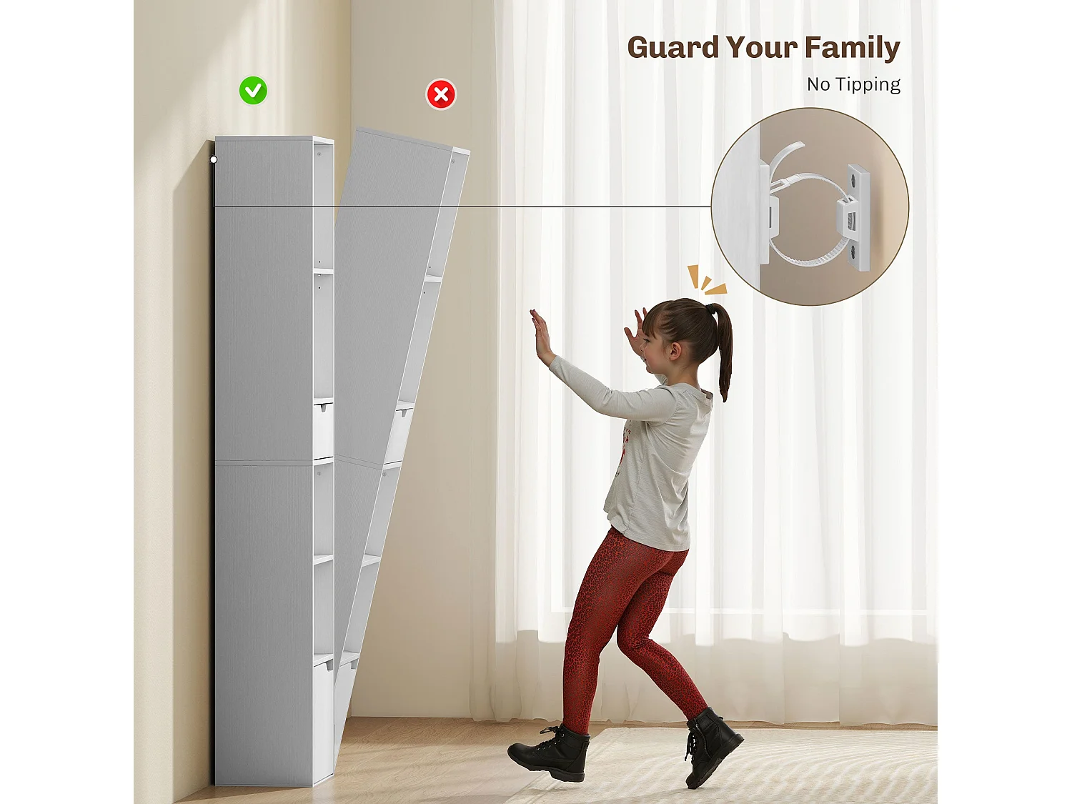 Kesura White Narrow 6 Tier Tall Bookcase with Drawer and Door