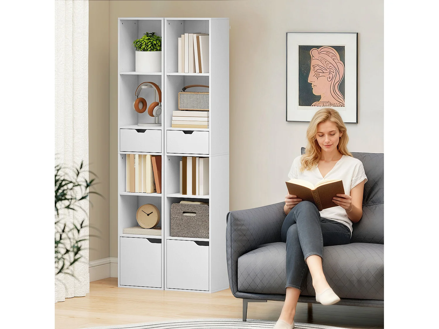 Kesura White Narrow 6 Tier Tall Bookcase with Drawer and Door