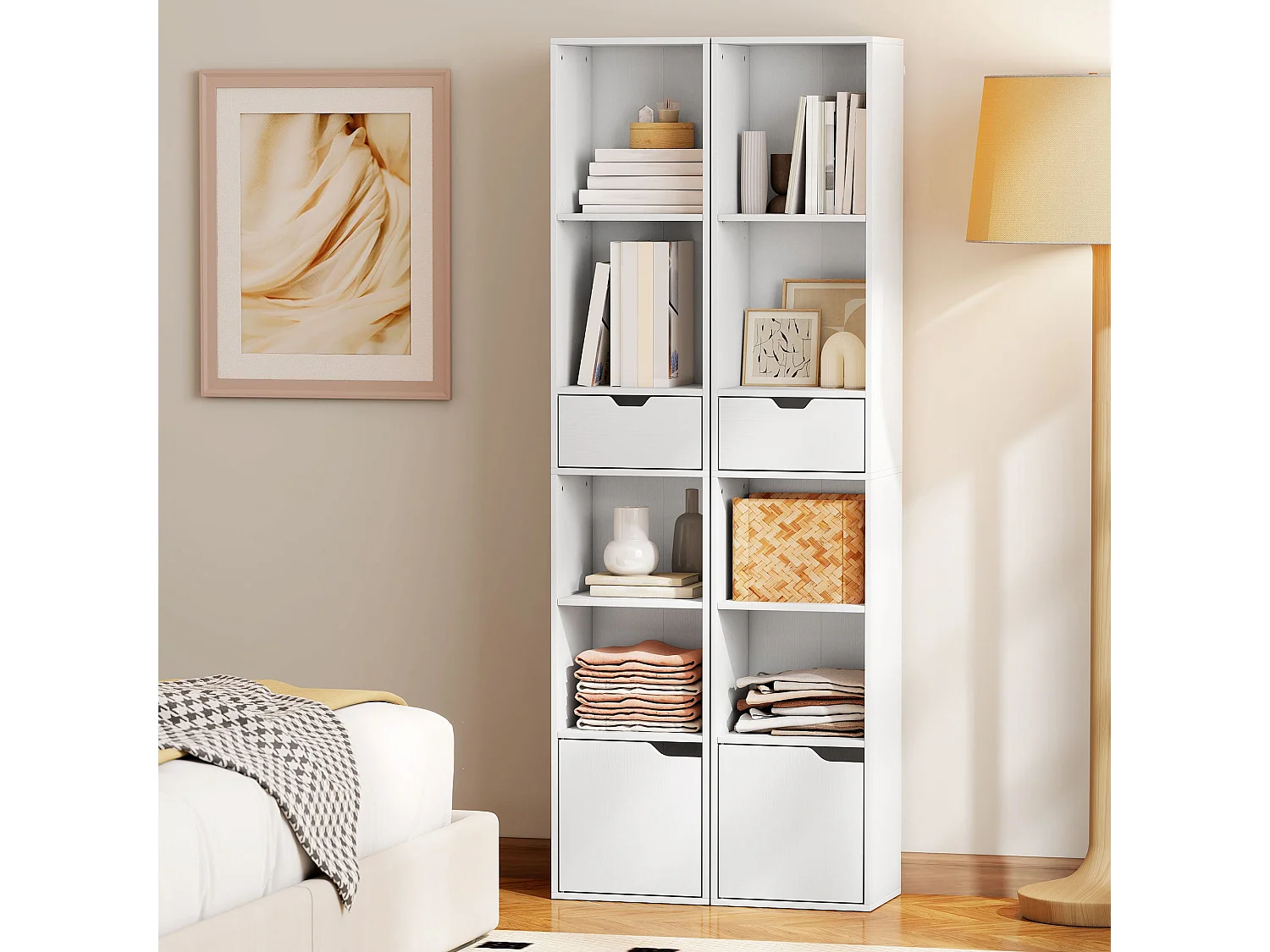 Kesura White Narrow 6 Tier Tall Bookcase with Drawer and Door