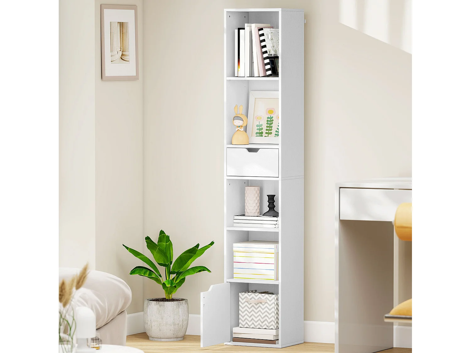 Kesura White Narrow 6 Tier Tall Bookcase with Drawer and Door