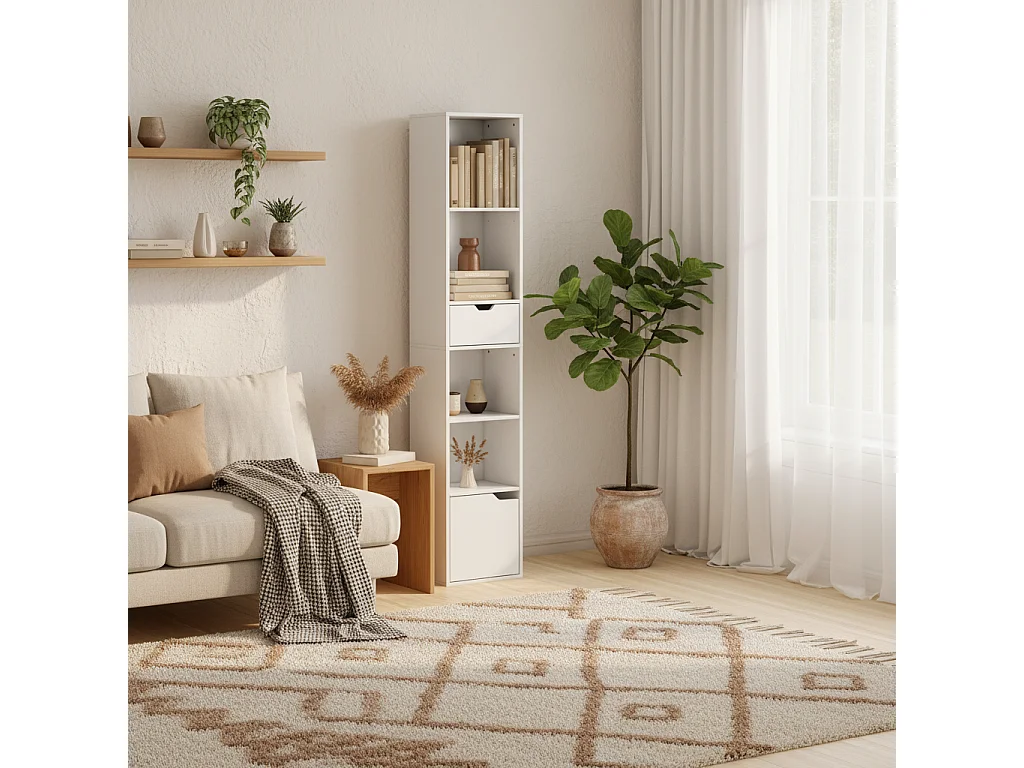 Kesura White Narrow 6 Tier Tall Bookcase with Drawer and Door