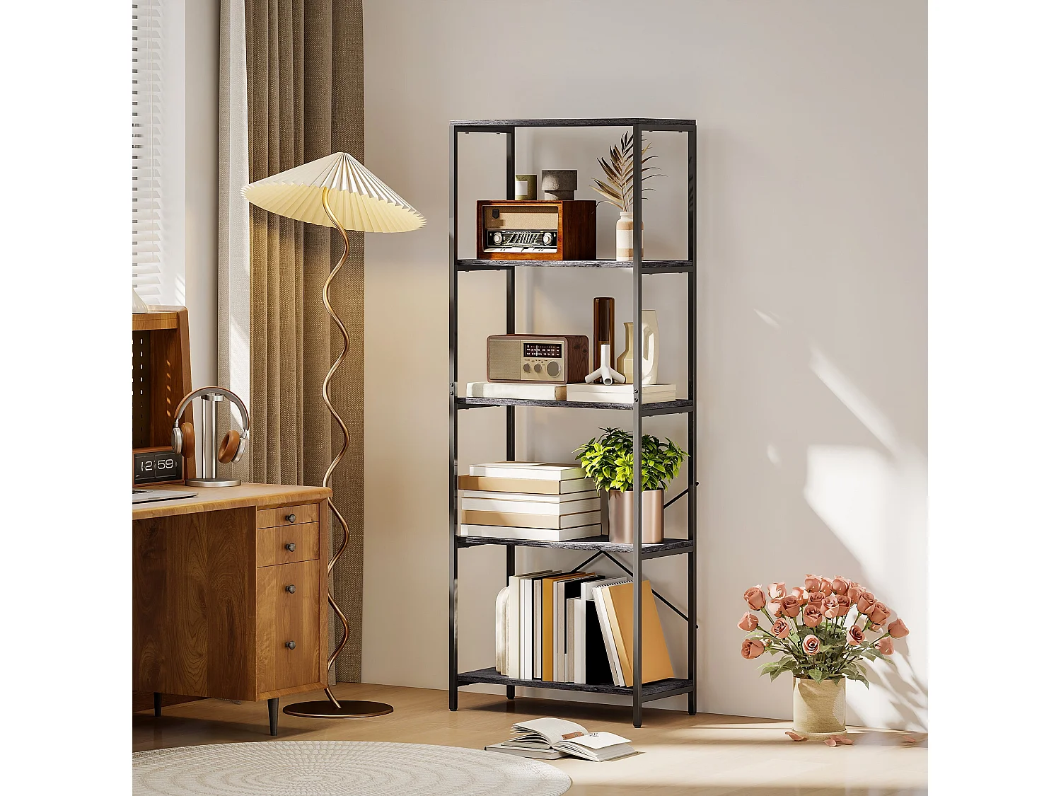Livemi 5 Tier Industrial Bookcase Dark Grey Shelves Black Metal Frame