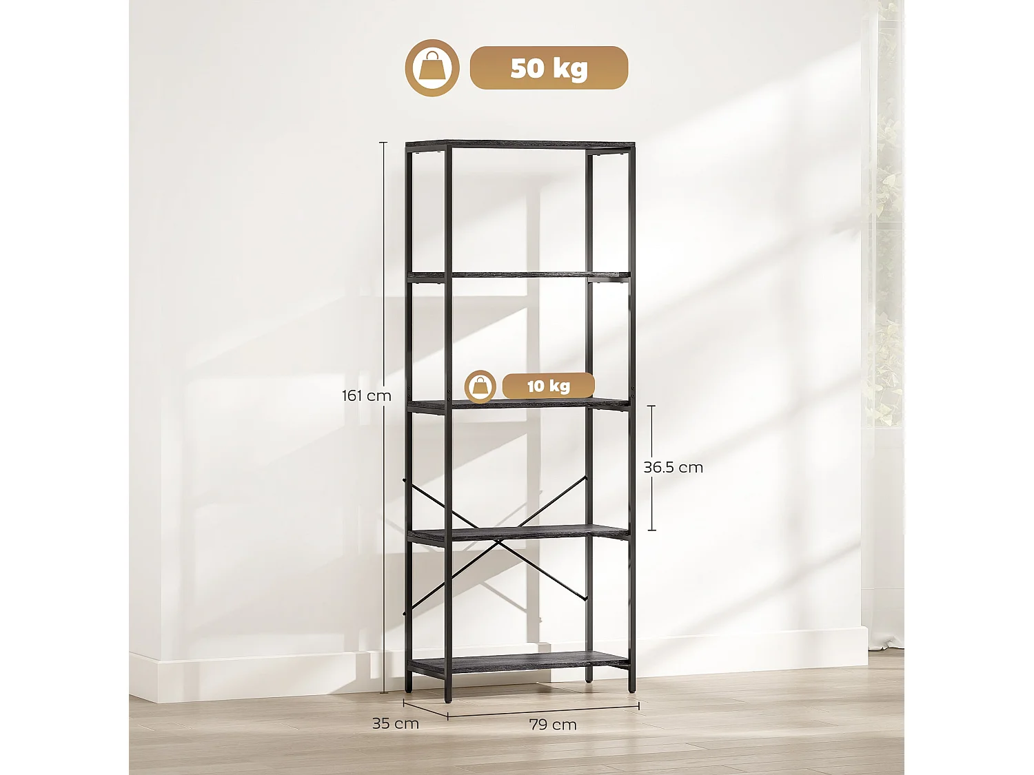 Livemi 5 Tier Industrial Bookcase Dark Grey Shelves Black Metal Frame