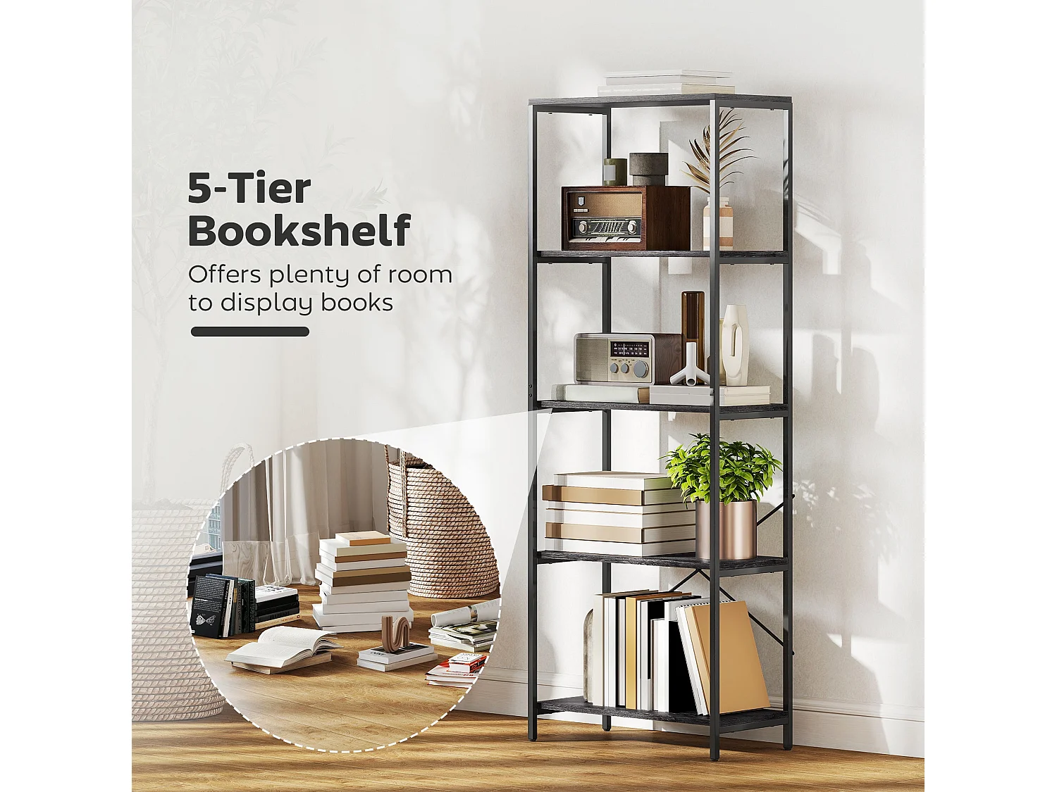 Livemi 5 Tier Industrial Bookcase Dark Grey Shelves Black Metal Frame