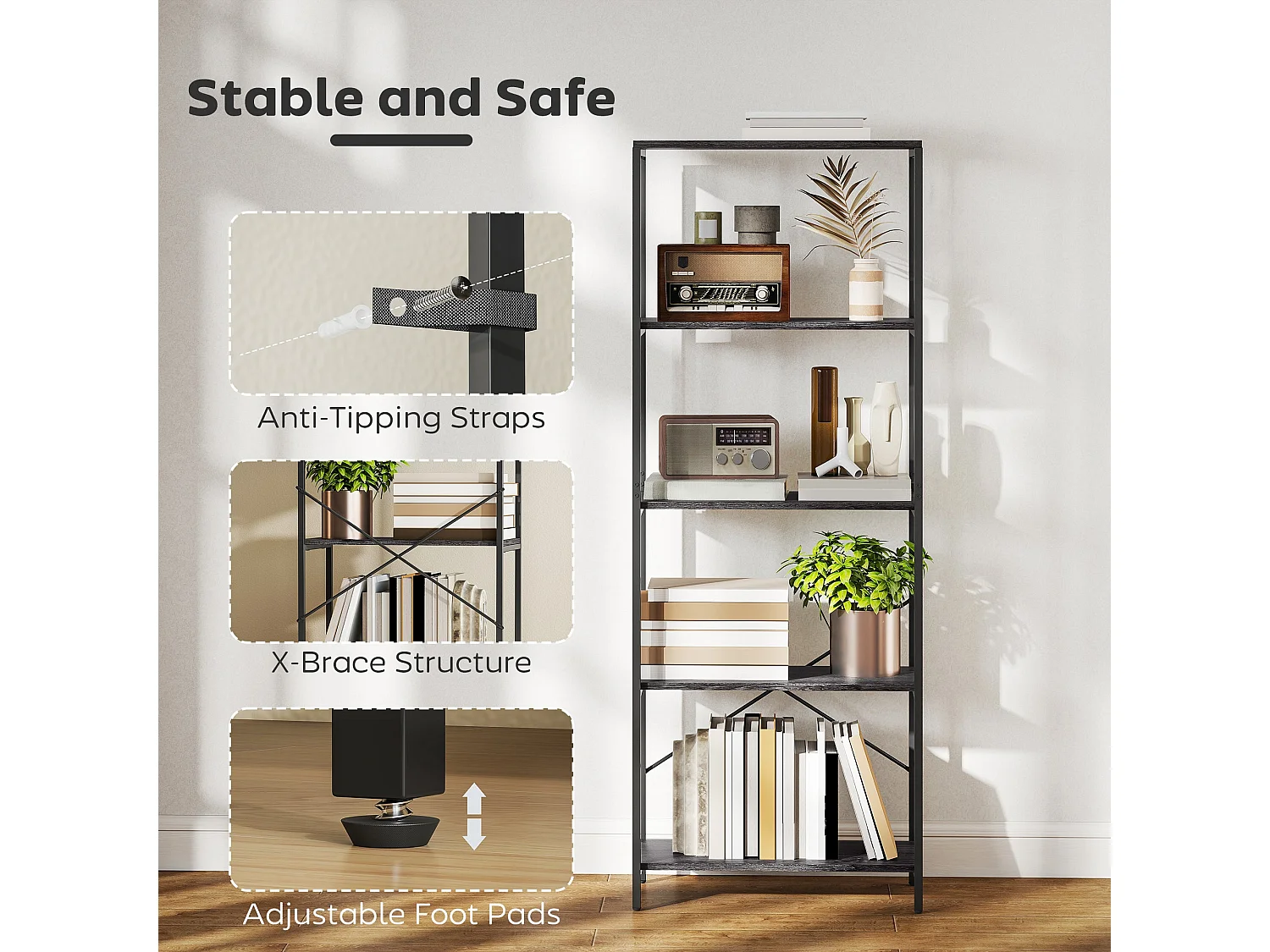 Livemi 5 Tier Industrial Bookcase Dark Grey Shelves Black Metal Frame
