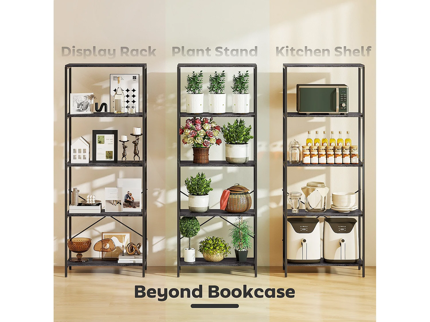 Livemi 5 Tier Industrial Bookcase Dark Grey Shelves Black Metal Frame