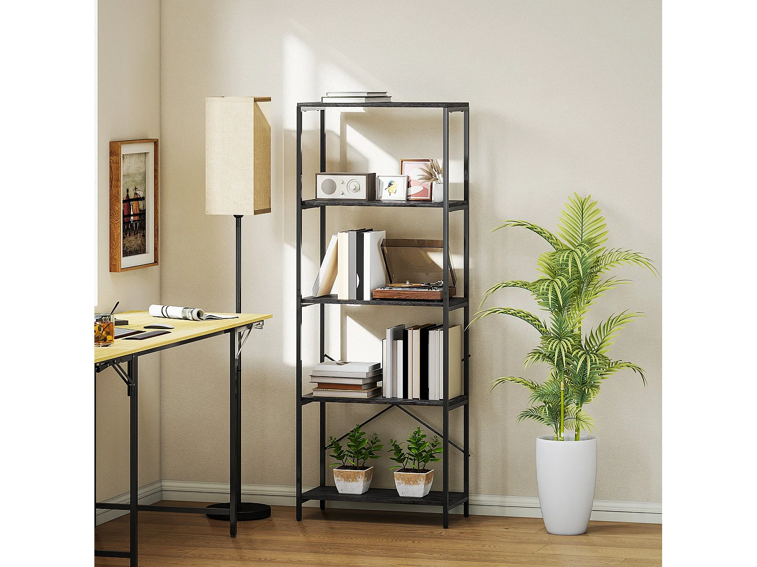 Livemi 5 Tier Industrial Bookcase Dark Grey Shelves Black Metal Frame