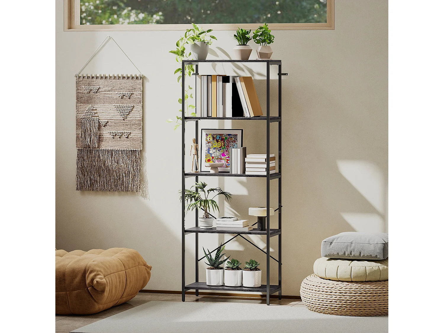 Livemi 5 Tier Industrial Bookcase Dark Grey Shelves Black Metal Frame