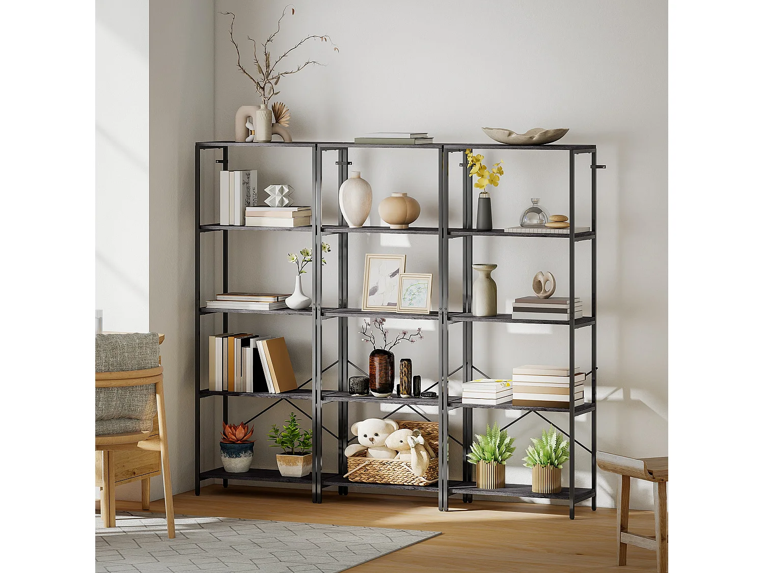 Livemi 5 Tier Industrial Bookcase Dark Grey Shelves Black Metal Frame