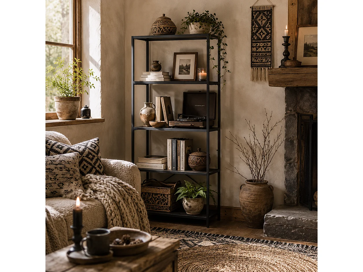Livemi 5 Tier Industrial Bookcase Dark Grey Shelves Black Metal Frame